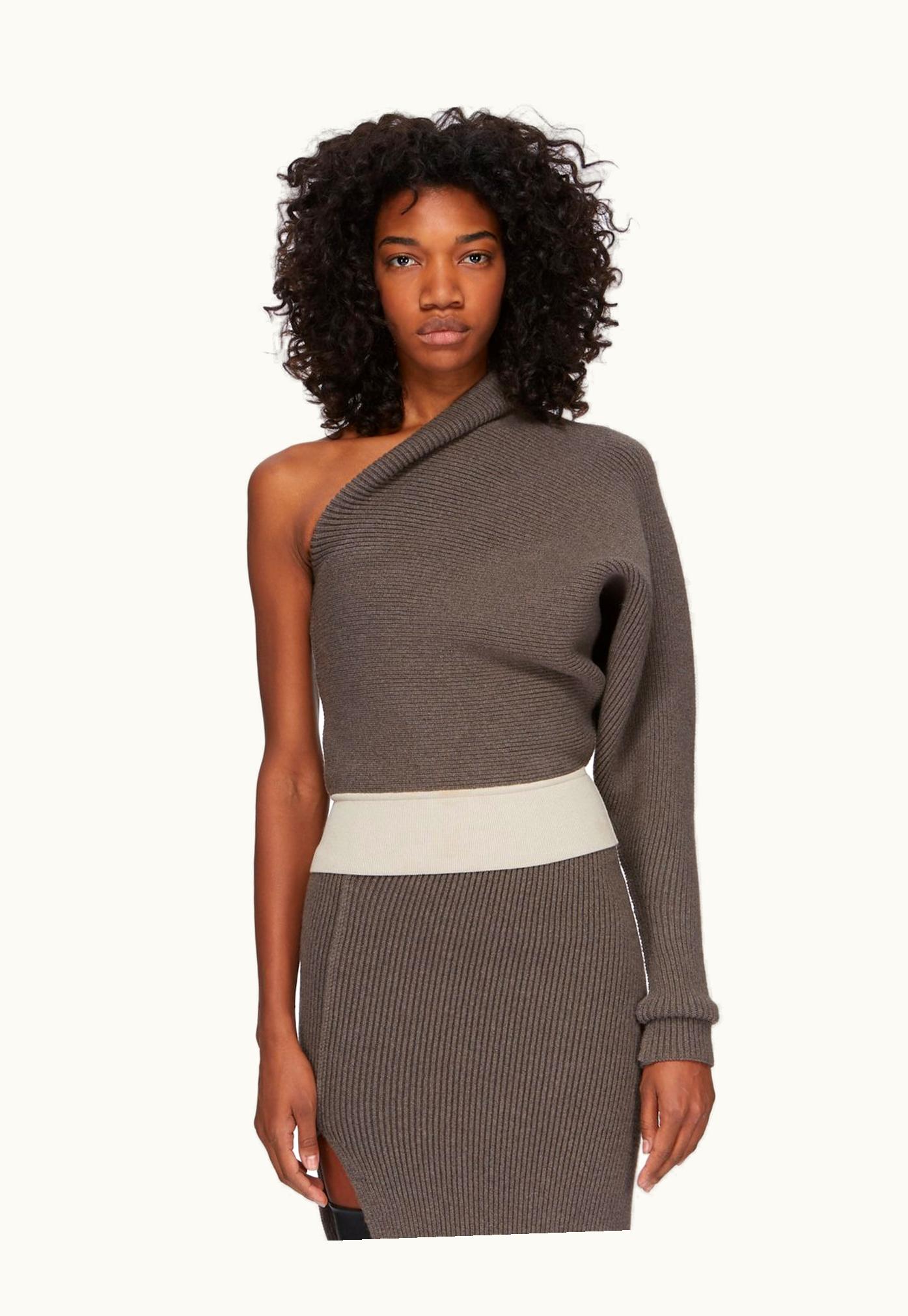 Rick Owens Rick Owens FW23 Luxor Runway One Sleeve Top In Dust And Pearl Heavy Rib Recycled Cashmere