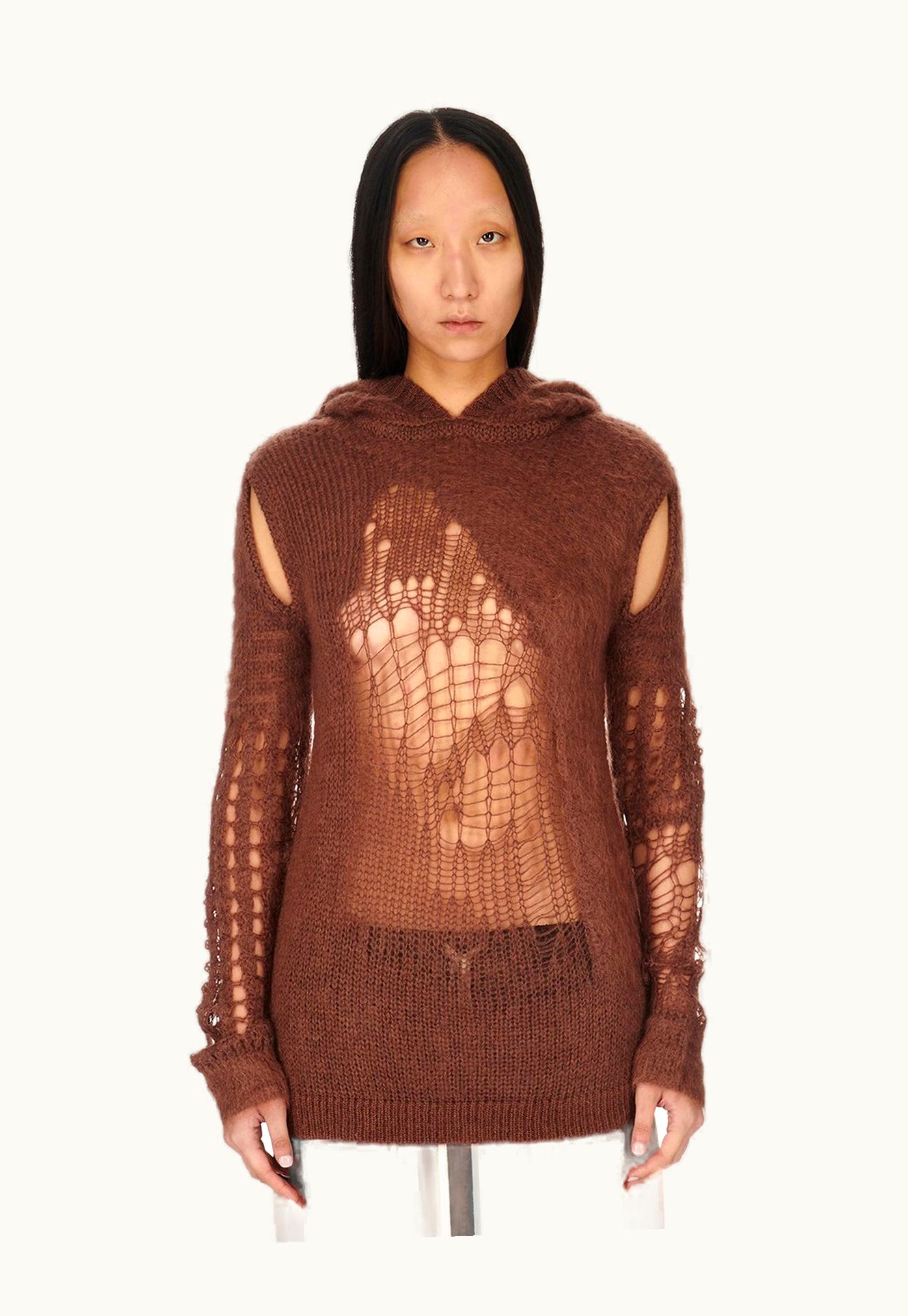 Rick Owens Rick Owens FW23 Luxor Spider Cape Sleeve Hoodie In Brown Spider Knit