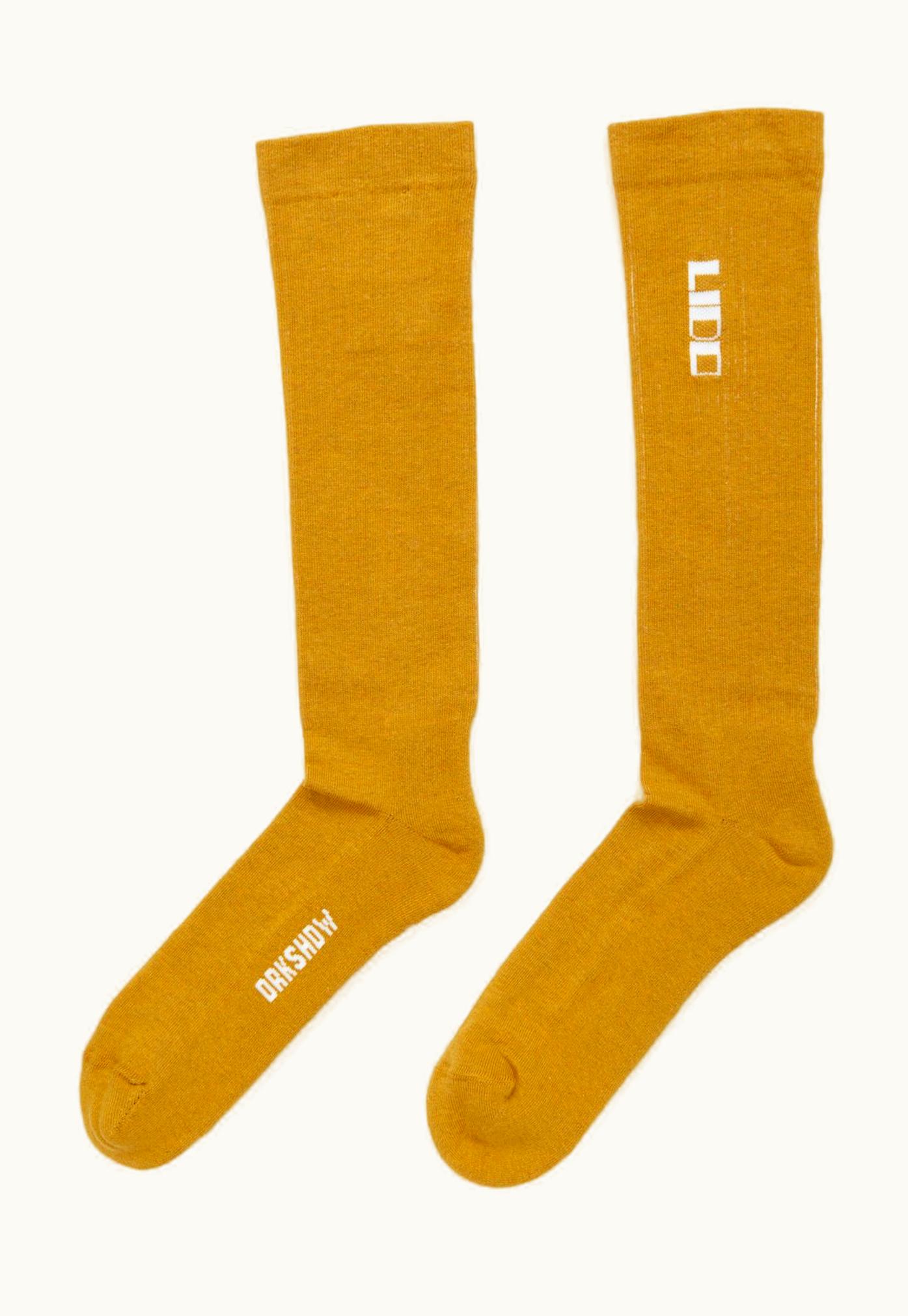 Rick Owens Rick Owens DRKSHDW SS24 Lido Knee High Socks In Mustard / Milk Cotton Knit