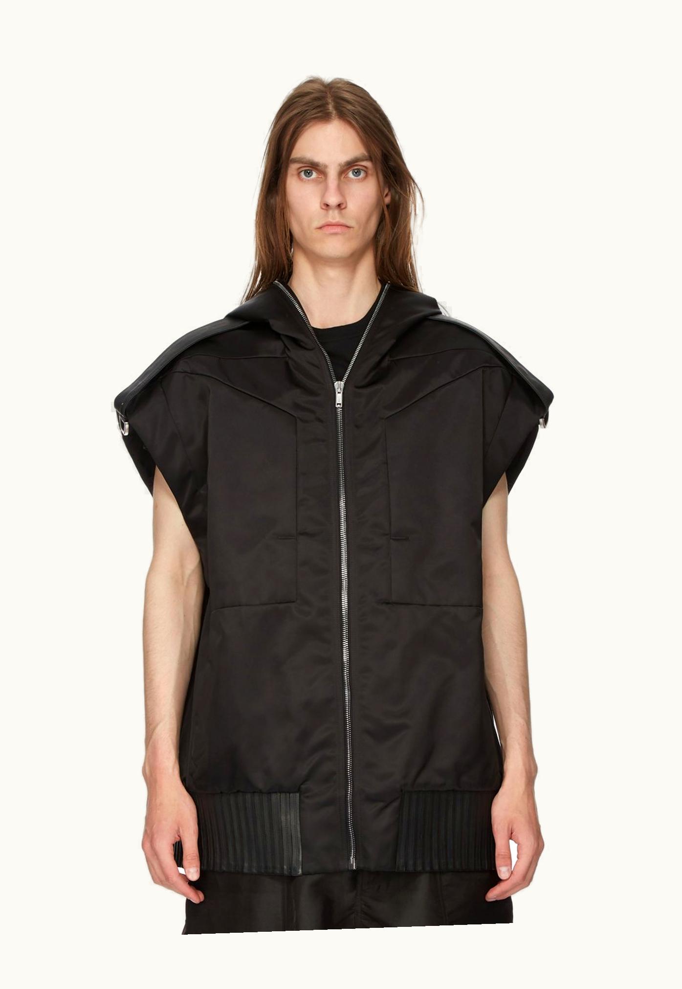 Rick Owens Rick Owens SS24 Lido Runway Lido Sleeveless Hoodie In Black Recycled Bomber And Oily Calf