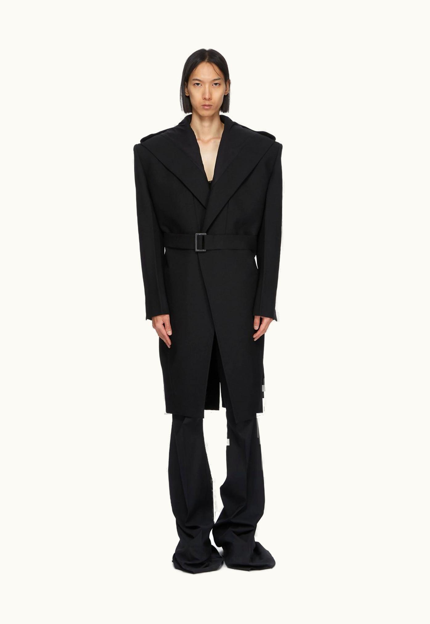 Rick Owens Rick Owens SS24 Lido Runway Hooded Lido Tatlin Coat In Black Wool Grain De Poudre