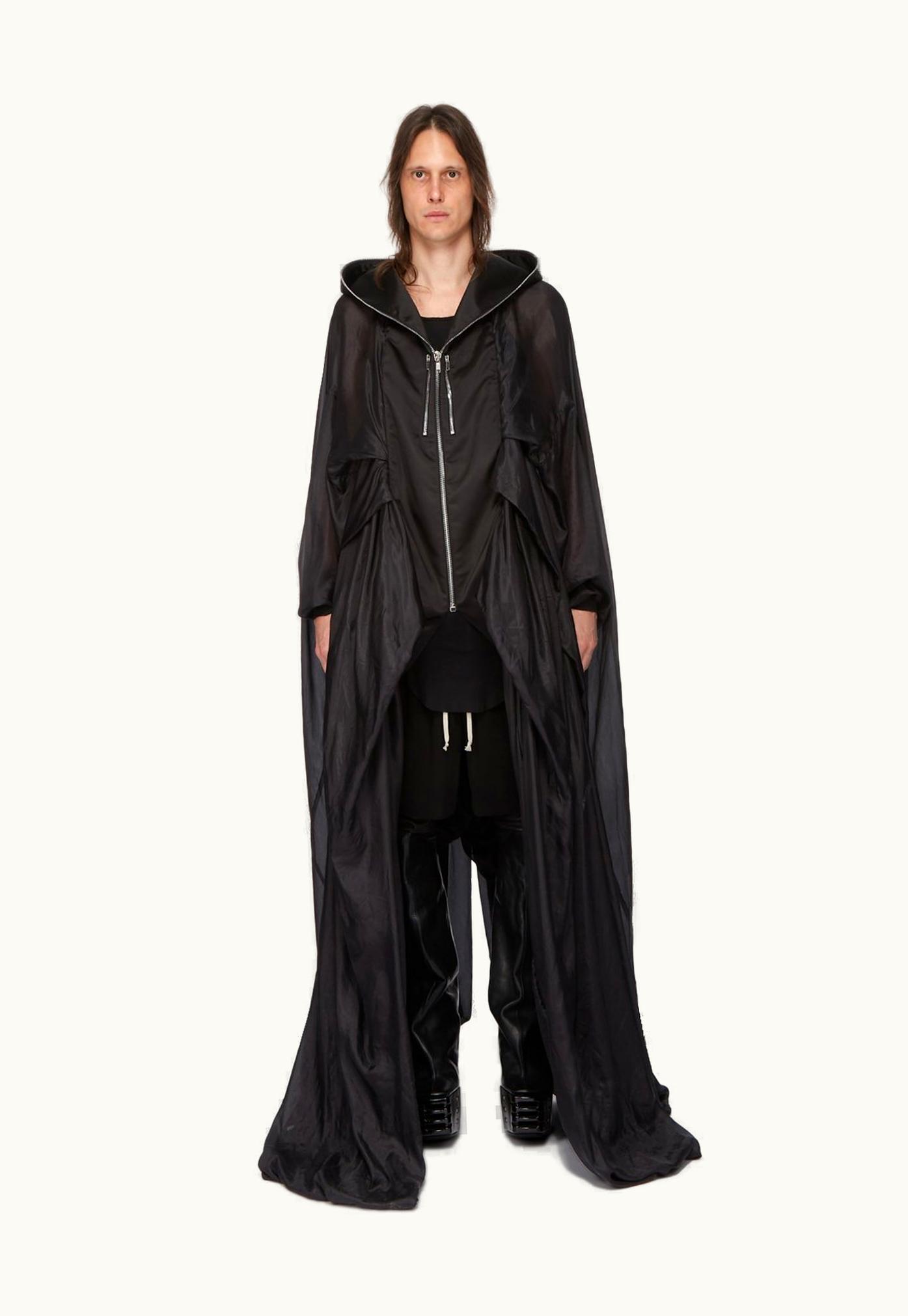 Rick Owens Rick Owens SS24 Lido Runway Lido Bubble Hoodie Long In Black Washed Silk Habotai And Recycled Bomber