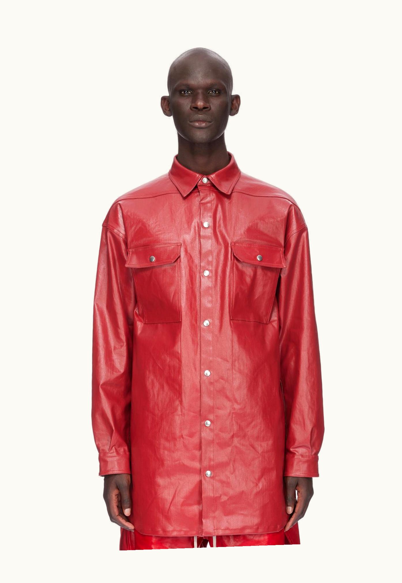 Rick Owens Rick Owens SS24 Lido Oversized Outershirt In Cardinal Red Coated Stretch Denim