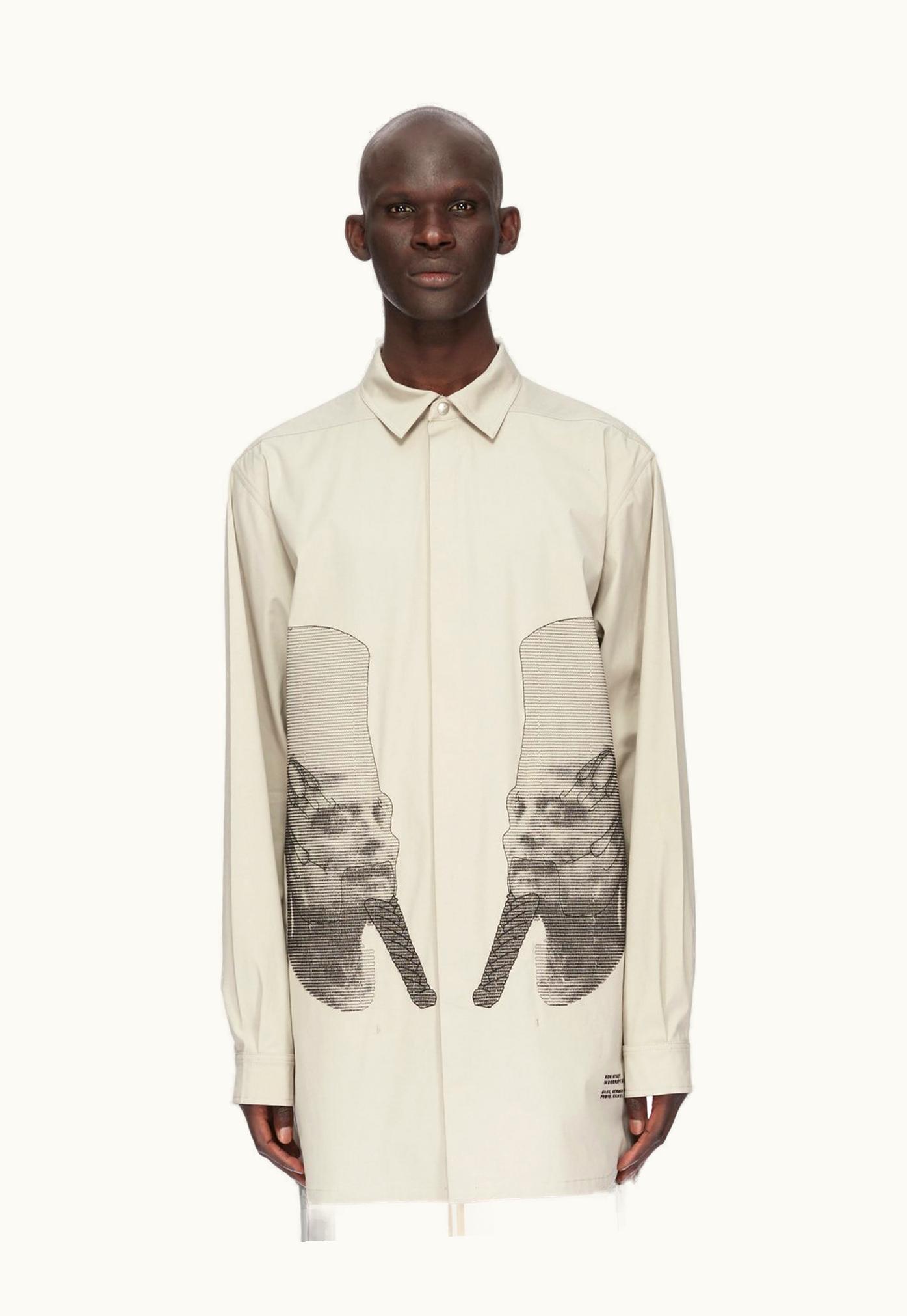 Rick Owens Rick Owens SS24 Lido Ron Jumbo Outershirt In Pearl And Black Ron Embroidered Heavy Cotton Poplin