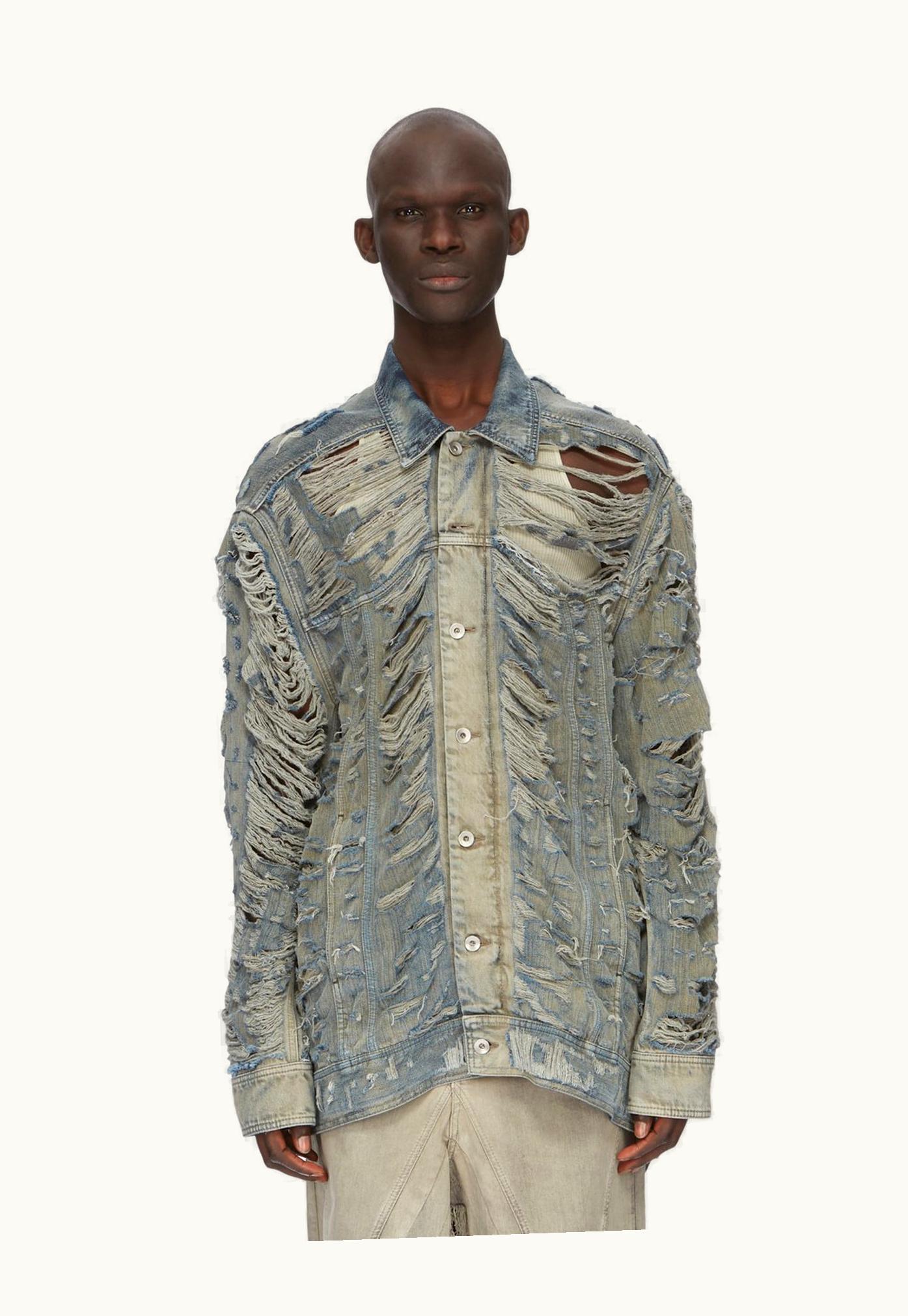 Rick Owens Rick Owens FW23 Luxor Runway Jumbo Worker In 13oz Mineral Pearl Shredded Denim