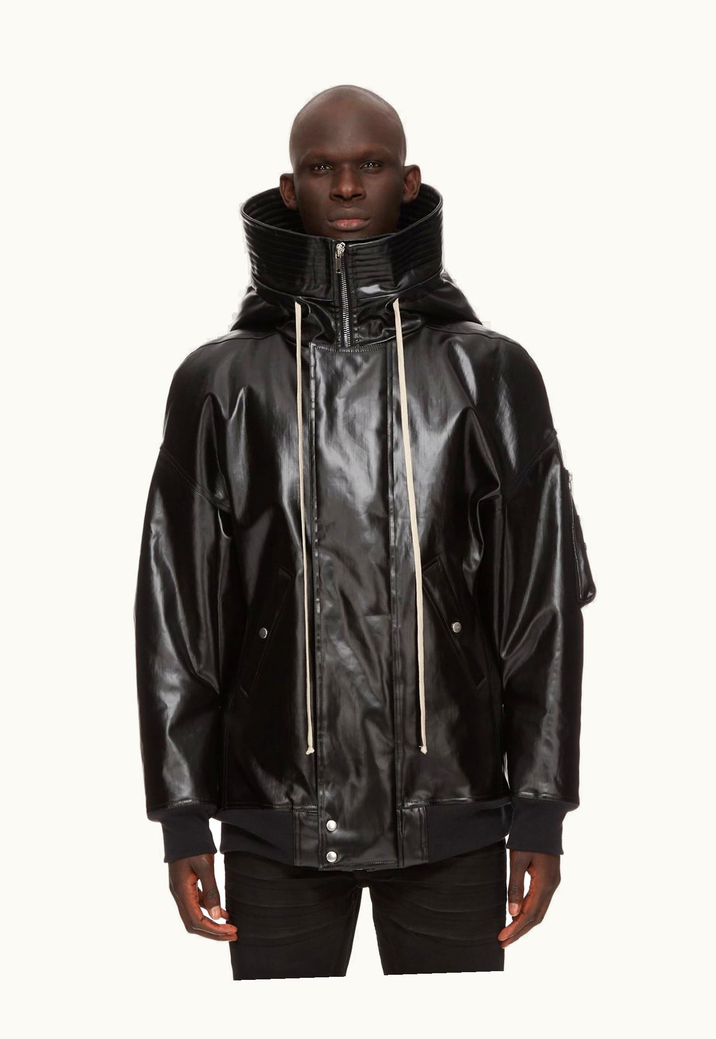 Rick Owens Rick Owens DRKSHDW FW23 Luxor Hooded Bomber In Black And Mauve Rubber Covered Stretch Denim