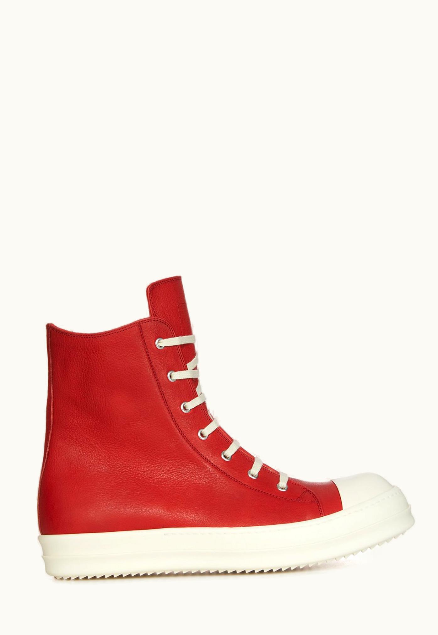 Rick Owens RICK OWENS SS24 LIDO HIGH-TOP SNEAKERS IN CARDINAL RED AND MILK WASHED CALF