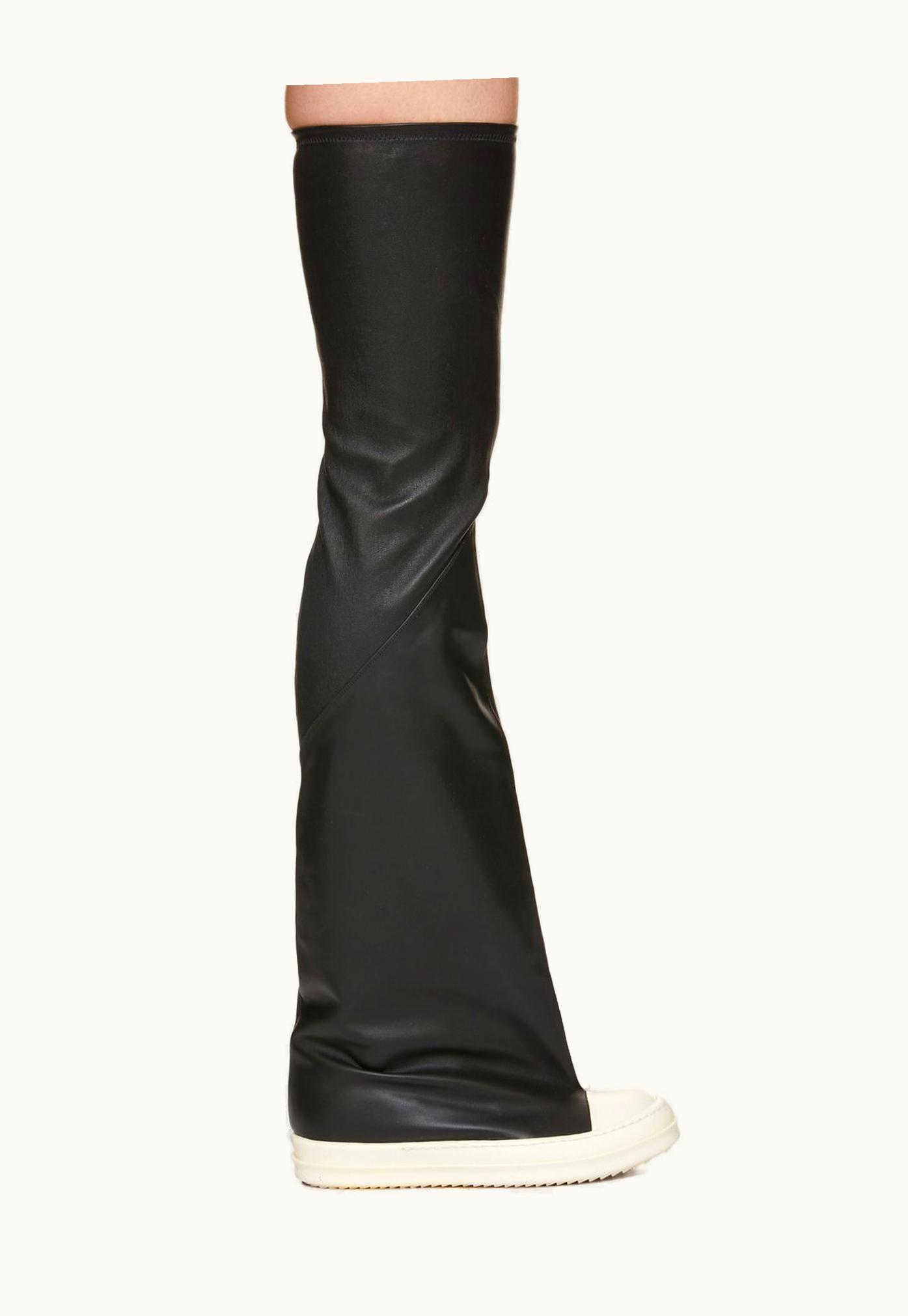 Rick Owens Rick Owens FW23 Luxor Flared Thigh High Sneaks In Black And Milk Stretch Lamb Leather And Cortina Grease Calf Leather