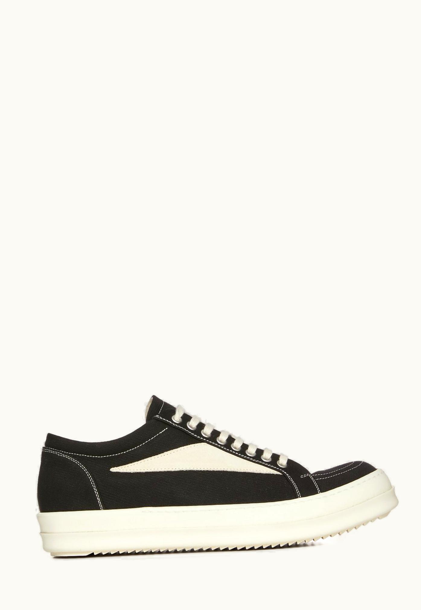 Rick Owens Rick Owens DRKSHDW SS24 Lido Vintage Sneaks In Black / Milk / Milk Overdyed Foil Stretch Denim And Velour Suede