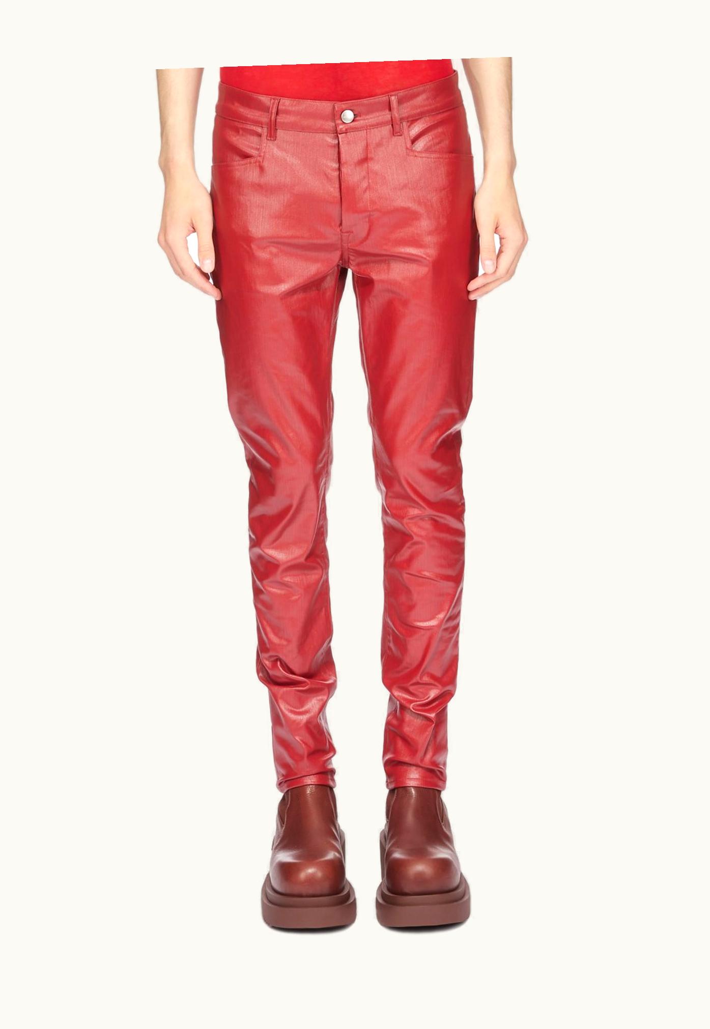 Rick Owens Rick Owens SS24 Lido Tyrone Jeans In Cardinal Red Coated Stretch Denim