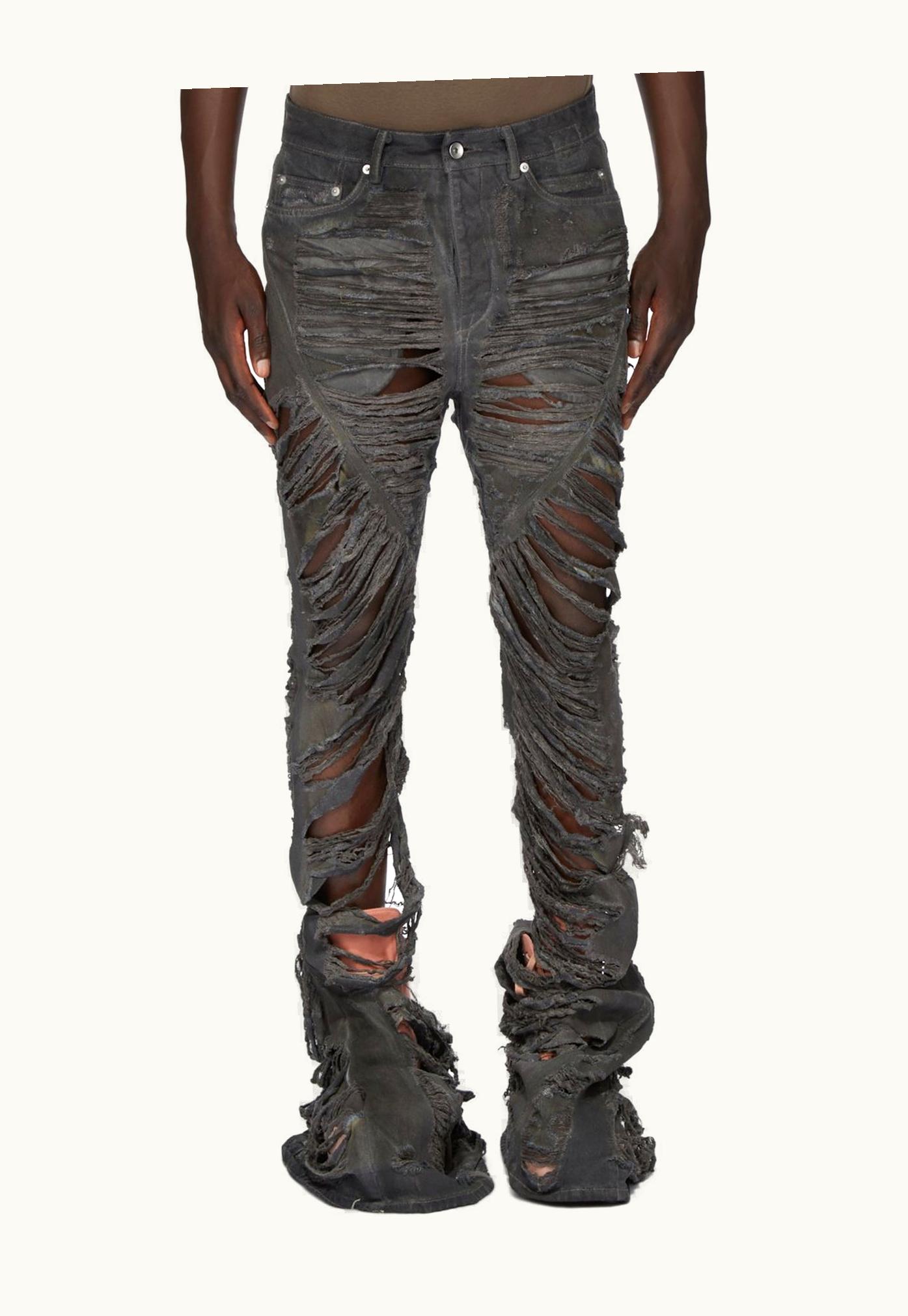 Rick Owens Rick Owens DRKSHDW SS24 Lido Bias Bootcut In Dark Dust 13oz Overdyed Shredded Denim