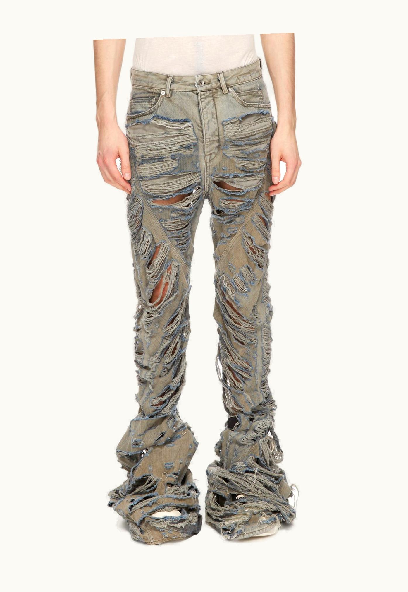 Rick Owens Rick Owens DRKSHDW FW23 Luxor Bias Bootcut In 13oz Mineral Pearl Shredded Denim Indigo Jeans