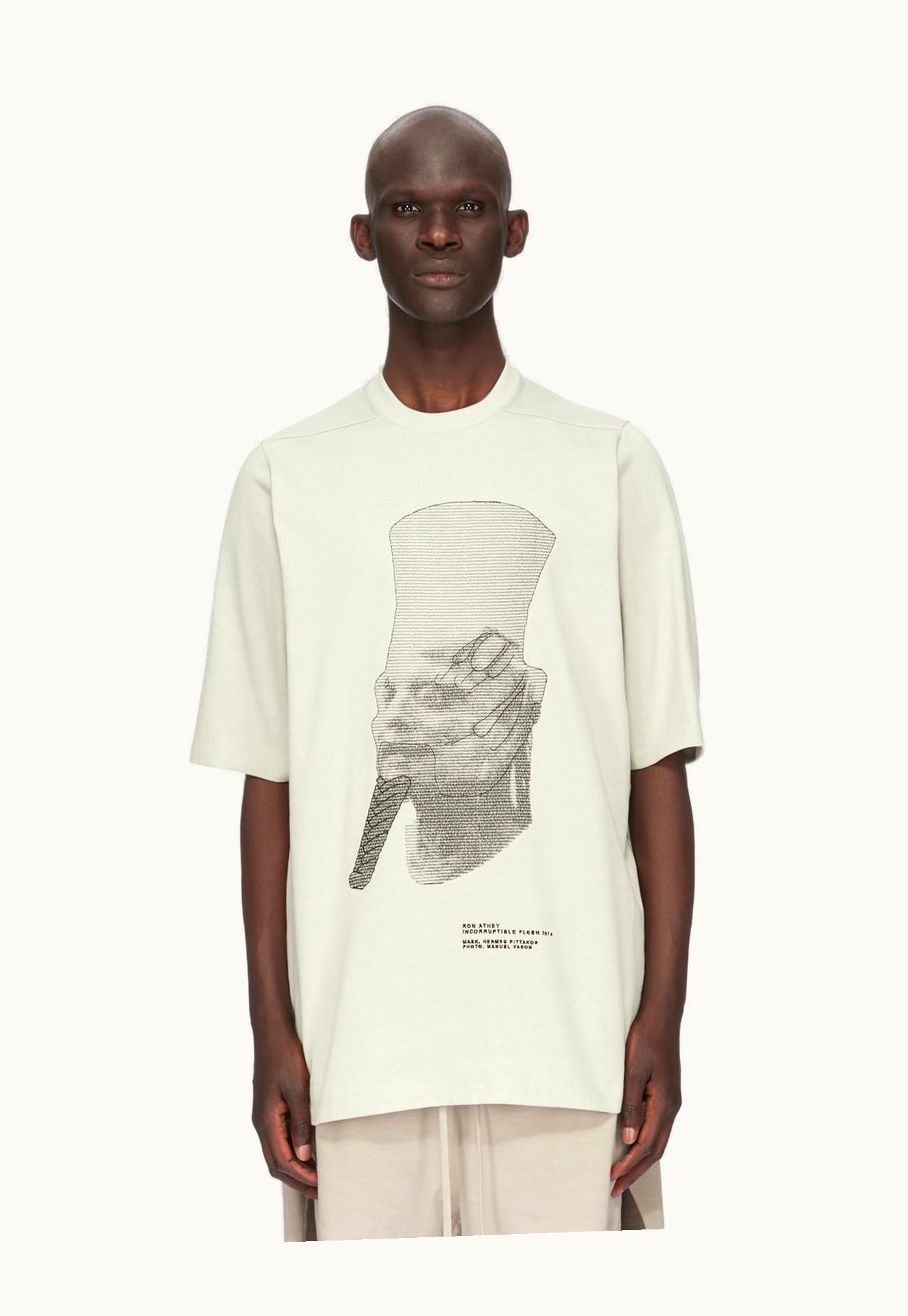 Rick Owens Rick Owens SS24 Lido Ron Jumbo SS T In Pearl And Black Ron Embroidered Heavy Jersey