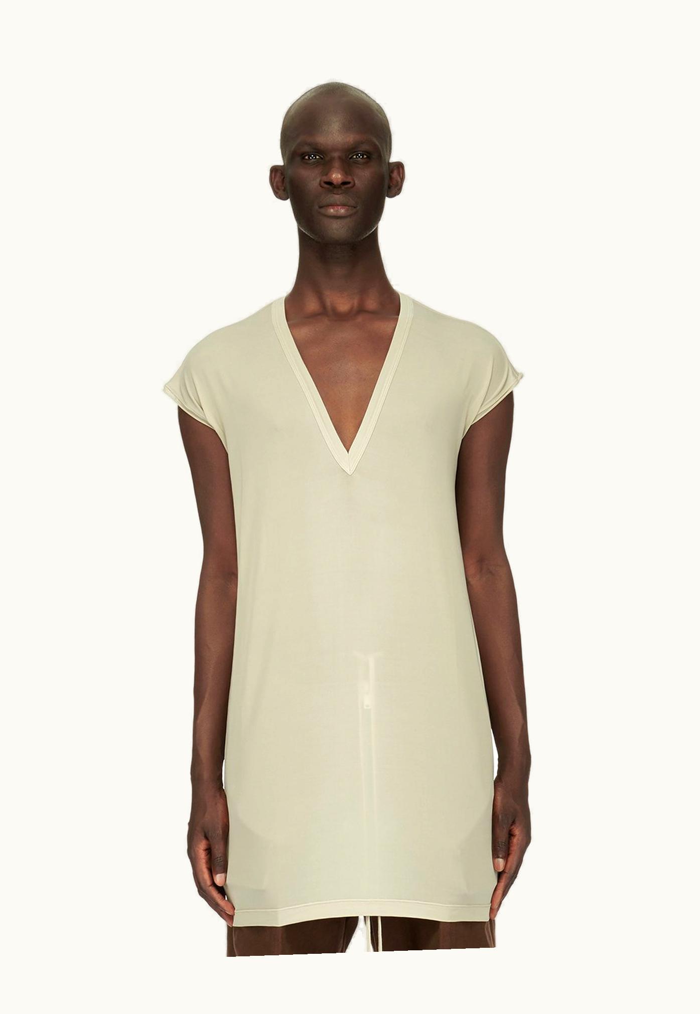 Rick Owens Rick Owens FW23 Luxor Deep V Neck SS T In Pearl Heavy Stretch Cupro Jersey