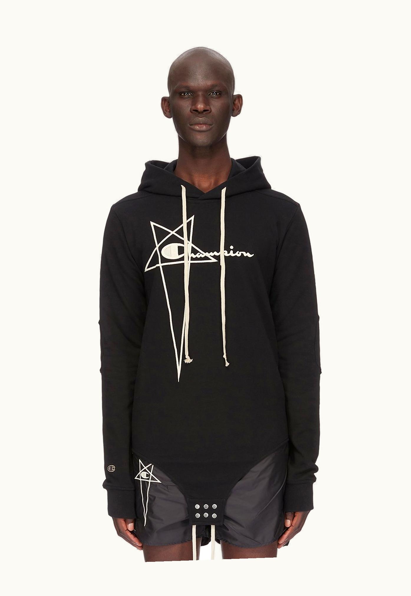 Rick Owens Champion X Rick Owens Hooded Body In Black Compact Cotton Felpa