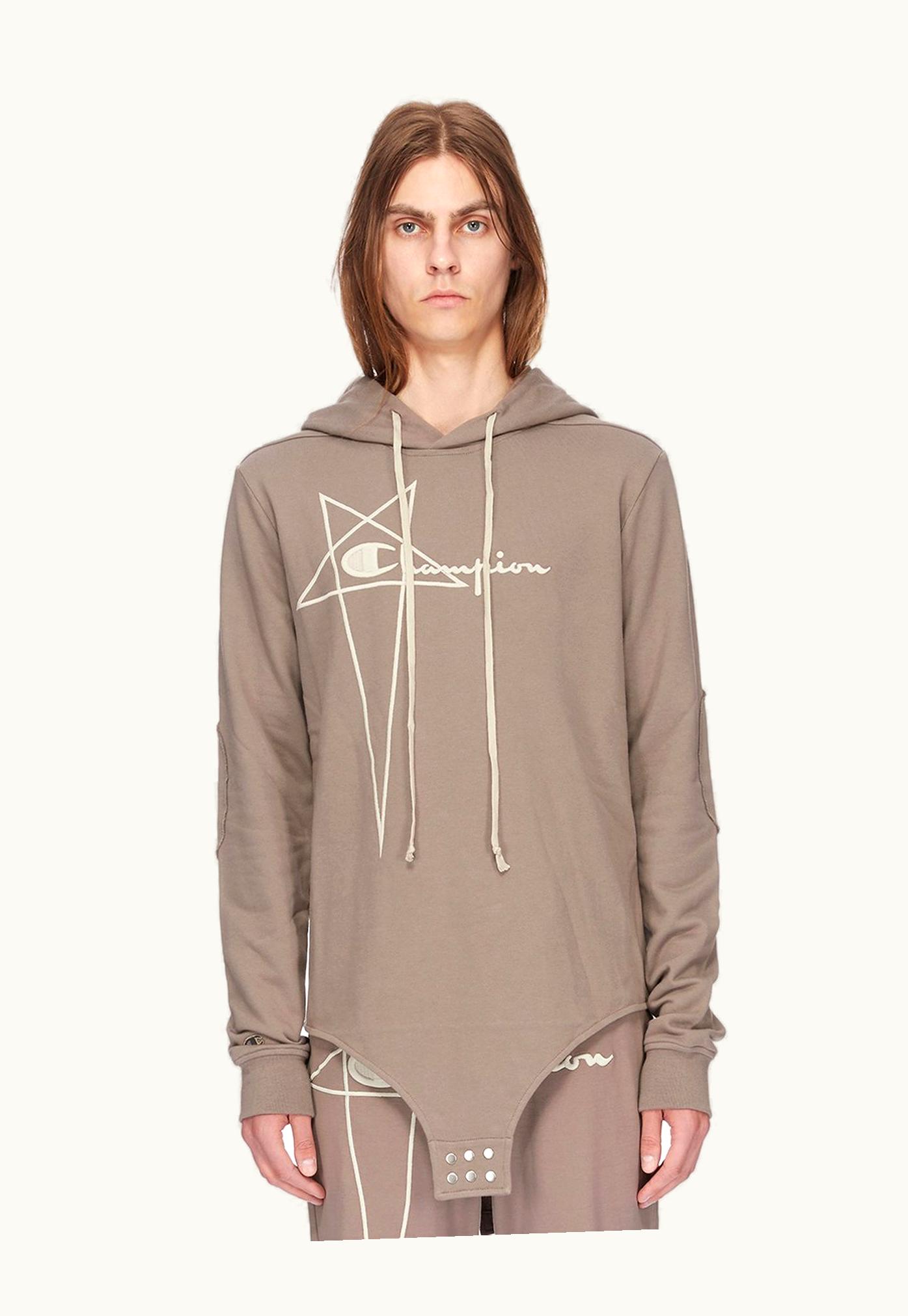 Rick Owens Champion X Rick Owens Hooded Body In Dust Grey Compact Cotton Felpa