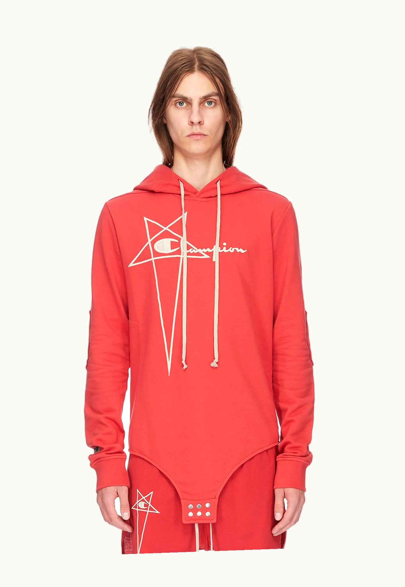 Rick Owens Champion X Rick Owens Hooded Body In Carnelian Red Compact Cotton Felpa