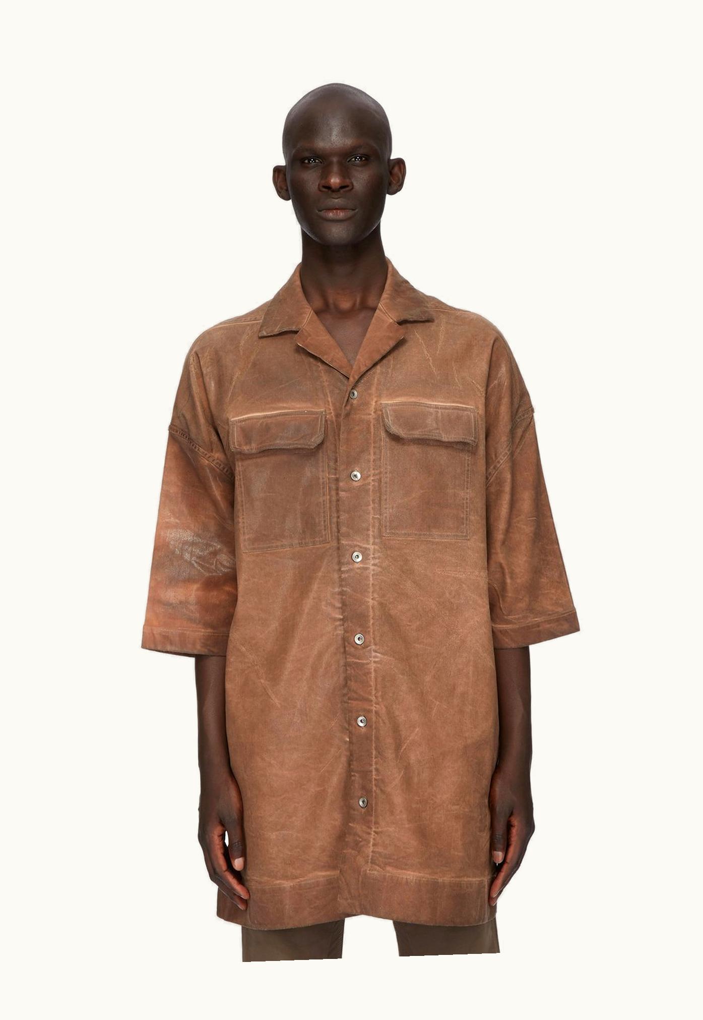Rick Owens Rick Owens DRKSHDW SS24 Lido Magnum Tommy Shirt In Henna Brown Overdyed Foil Stretch Denim