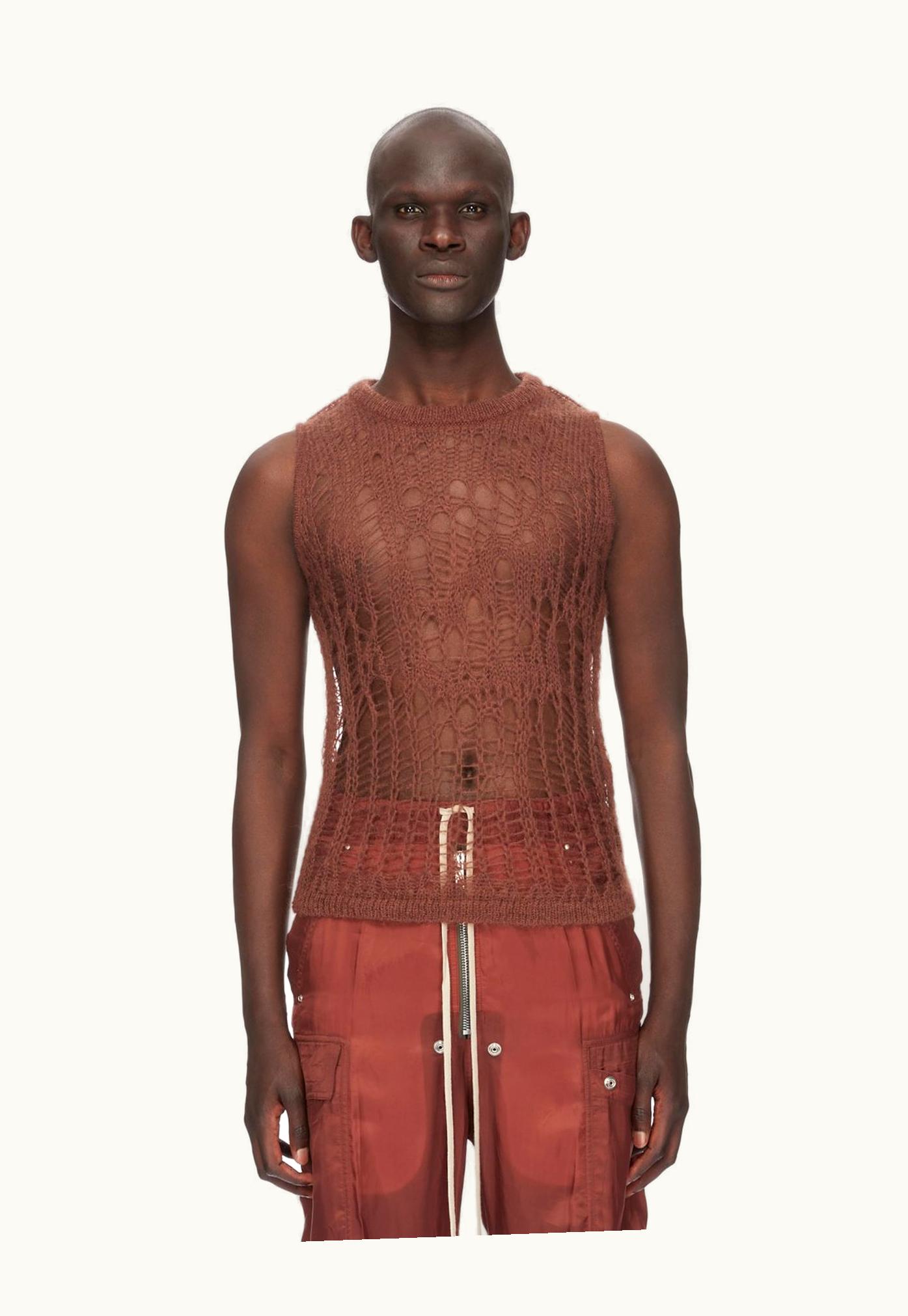 Rick Owens RICK OWENS SS24 LIDO Spider Tank In Henna Net Knit Luxury Tank Top