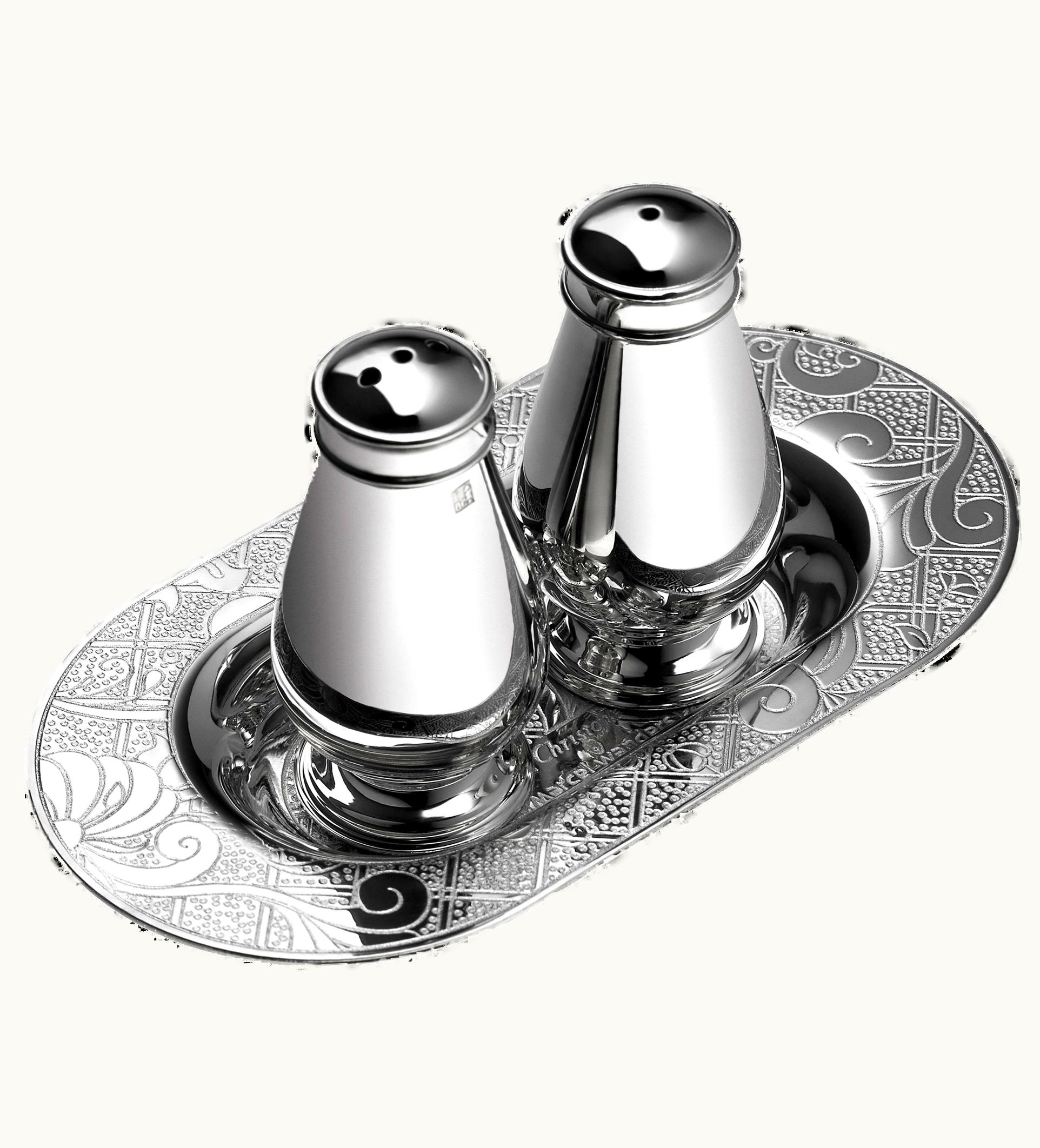 Christofle Christofle Silver-Plated Salt & Pepper Shakers With Tray Jardin d'Eden