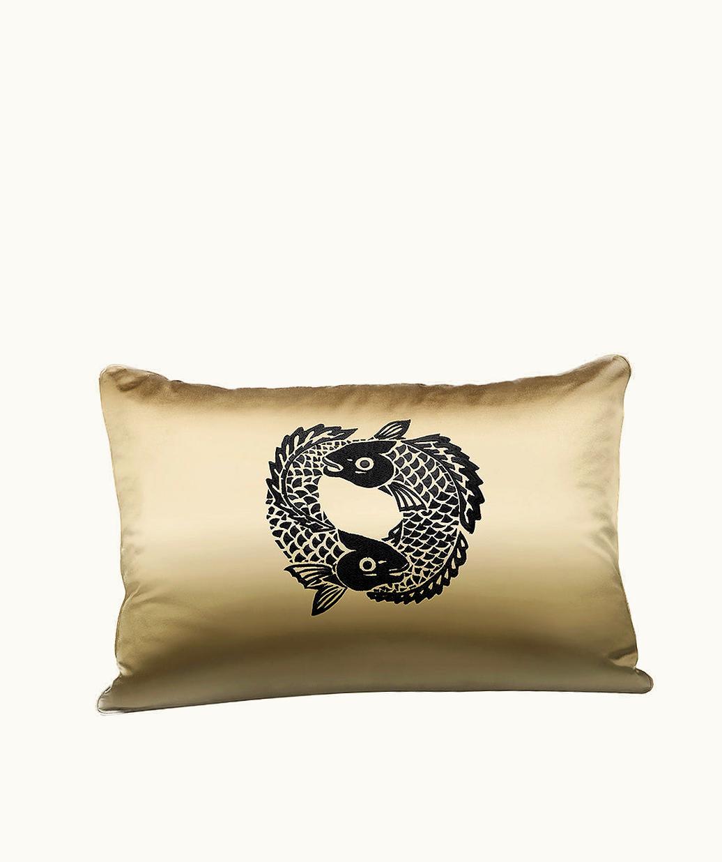 Lalique Lalique Koi Circle Embroidered Rectangular Cushion - Ivory Silk, Black Embroidery, Rectangular