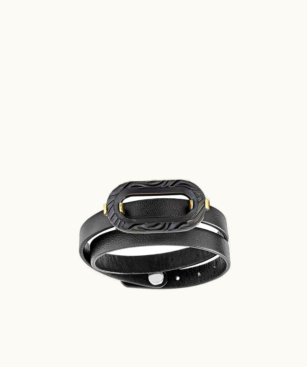Lalique Lalique Empreinte Animale Leather Bracelet - Black Crystal, 18k Yellow Gold Plated Brass