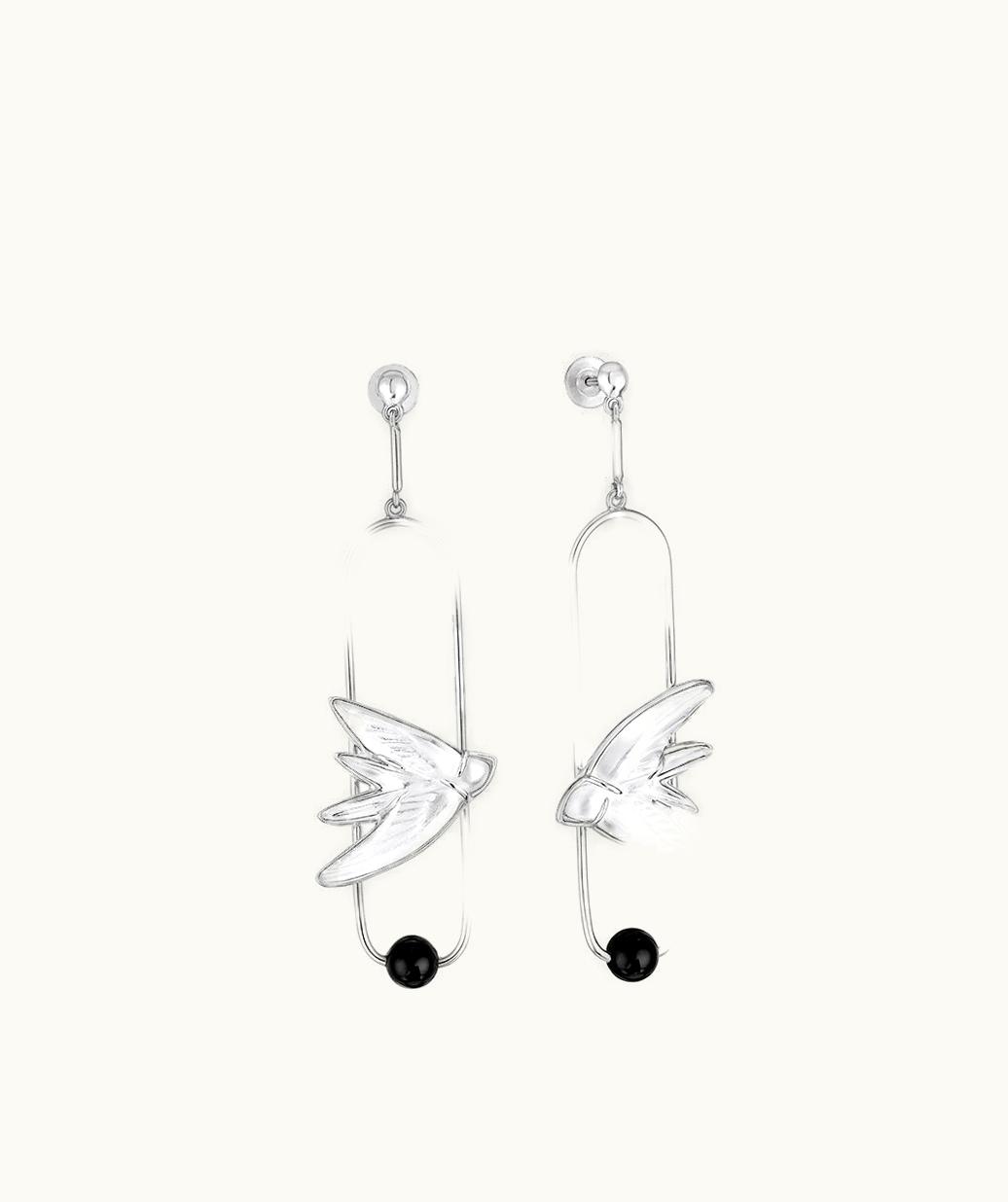 Lalique Lalique Hirondelles Earrings - Clear Crystal, Onyx, Silver