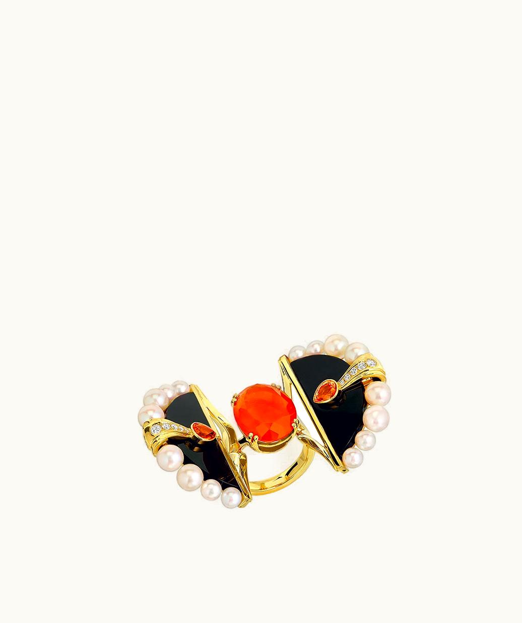 Lalique Lalique L'Oiseau De Feu Ring - Yellow Gold, Fire Opal, Diamonds, Sapphire, Cultured Pearls, Jade
