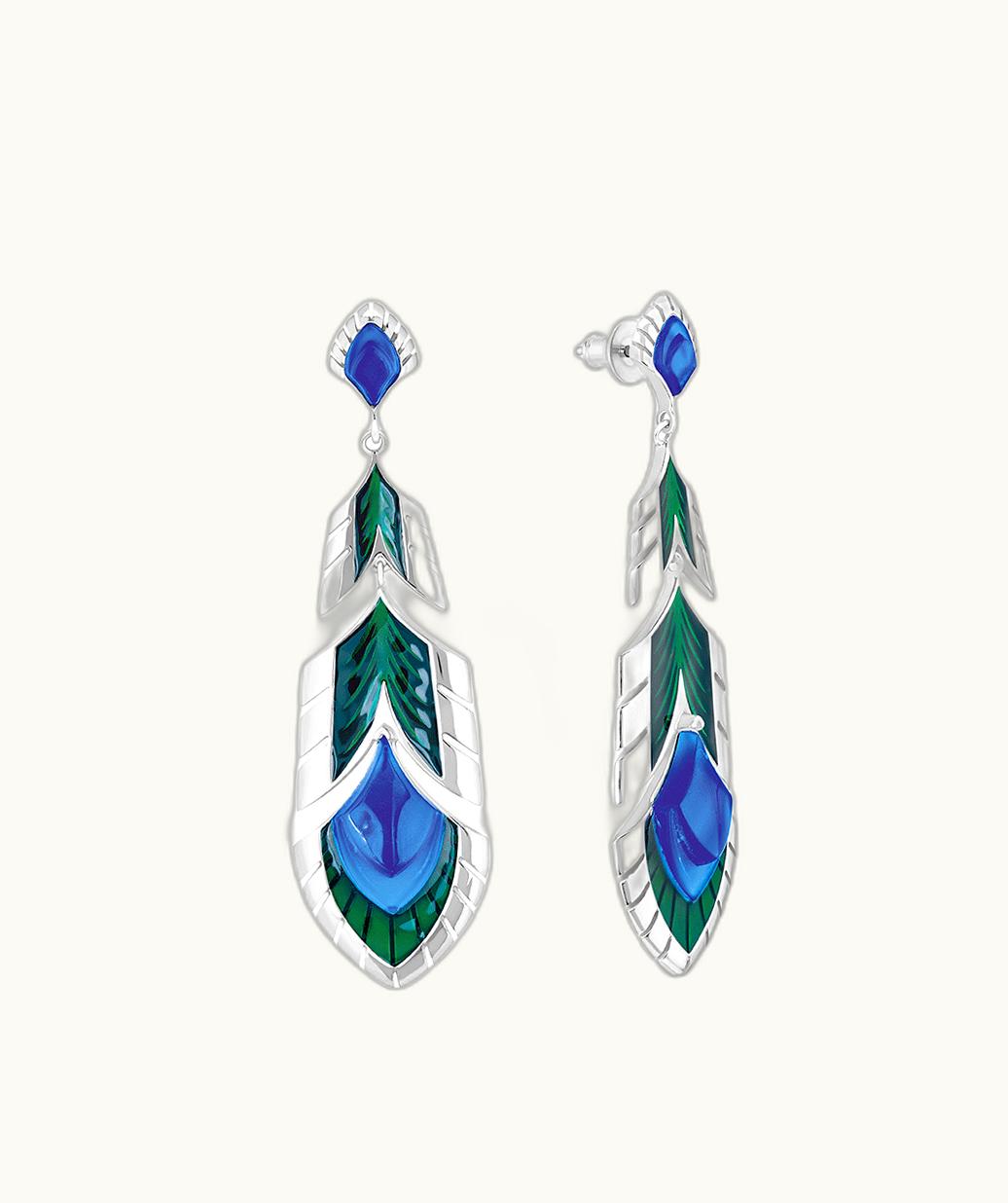 Lalique Lalique Paon Earrings - Blue Crystal And Green Lacquer, Silver
