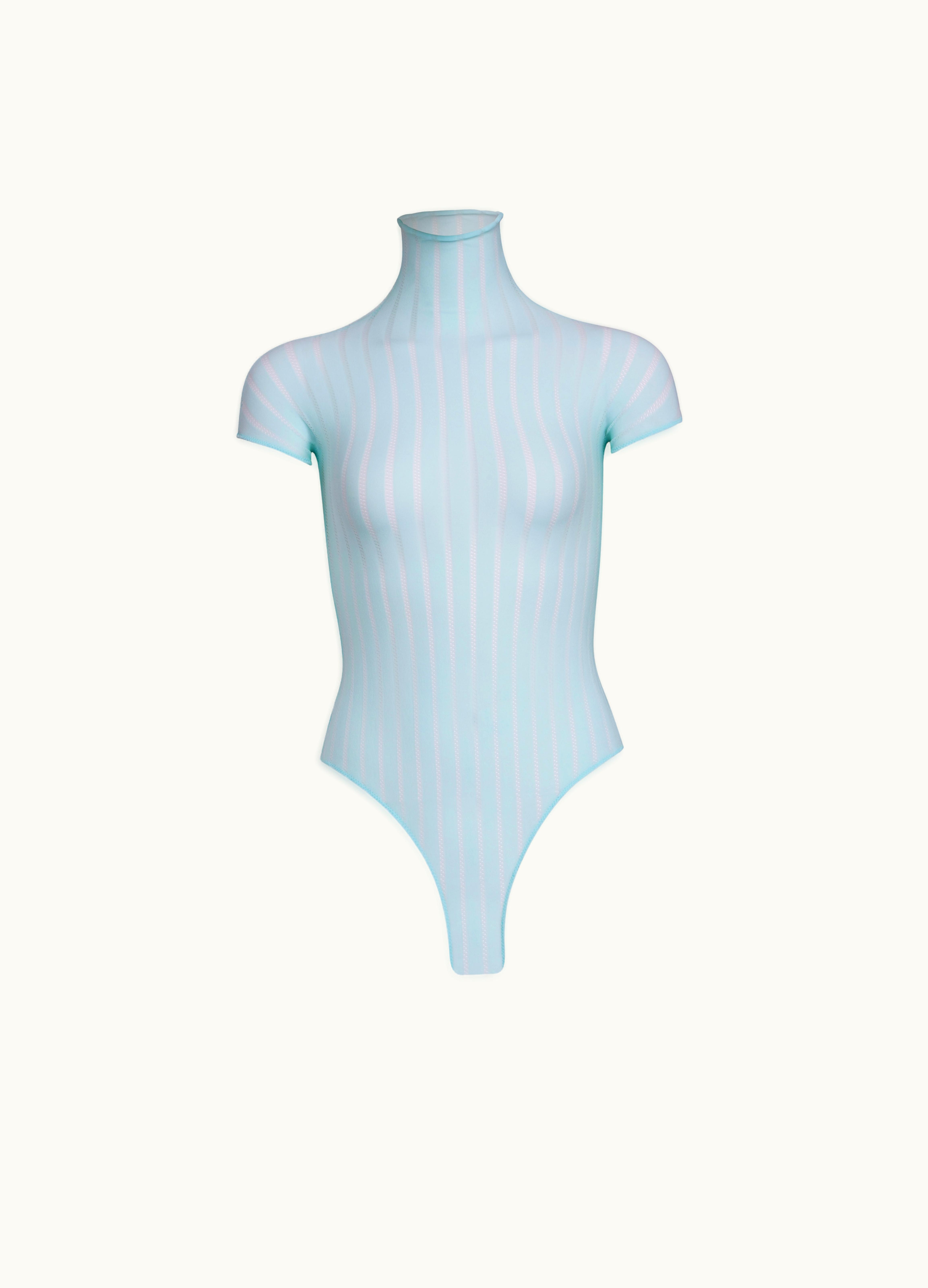Alaia Alaia Sheer Stripes High Neck Bodycon Dress in Blue