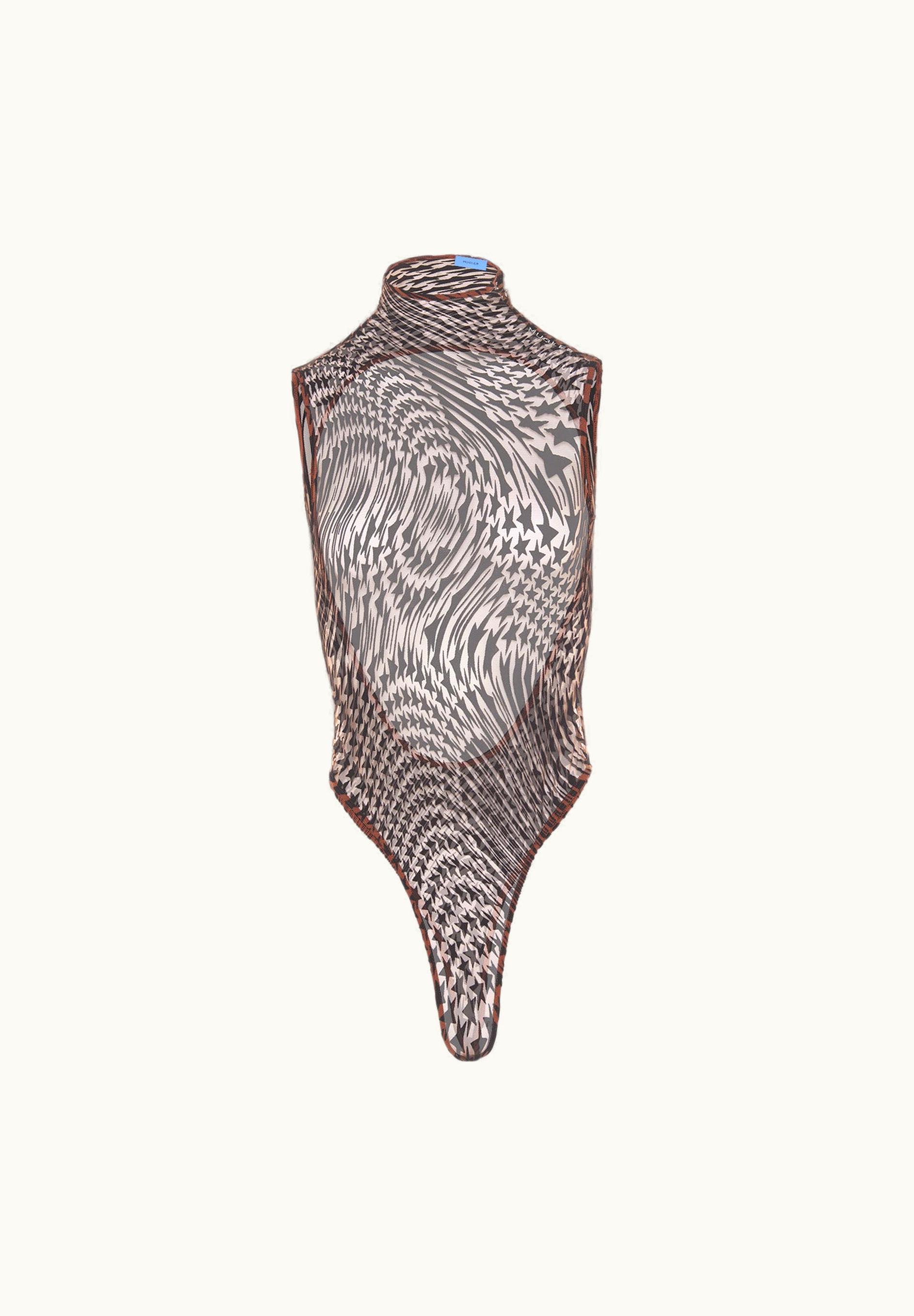 Mugler Mugler Black Flocked Star Mesh High Neck Bodysuit