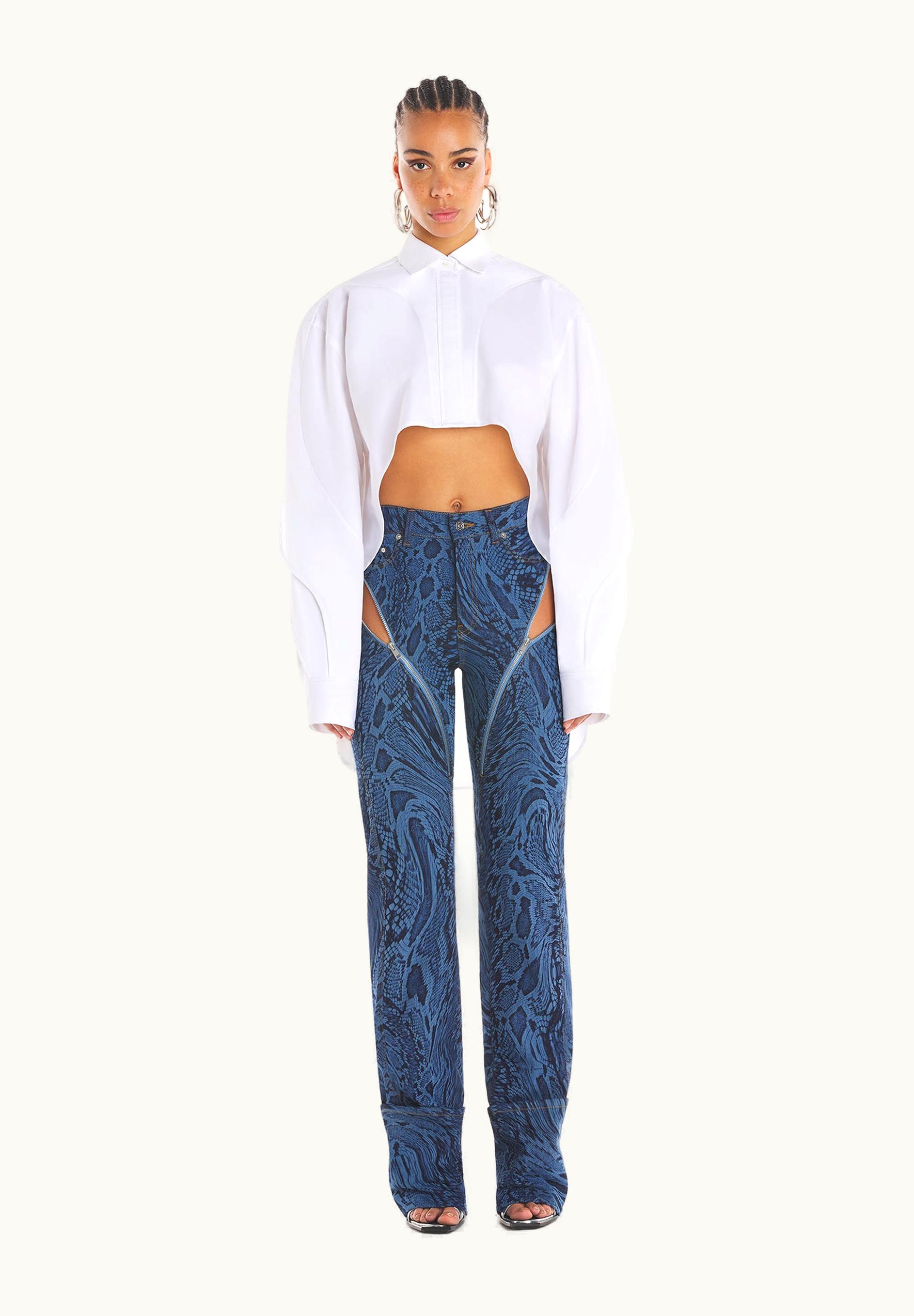 Mugler Mugler Blue Cuffed Snake Printed Zipper Jeans
