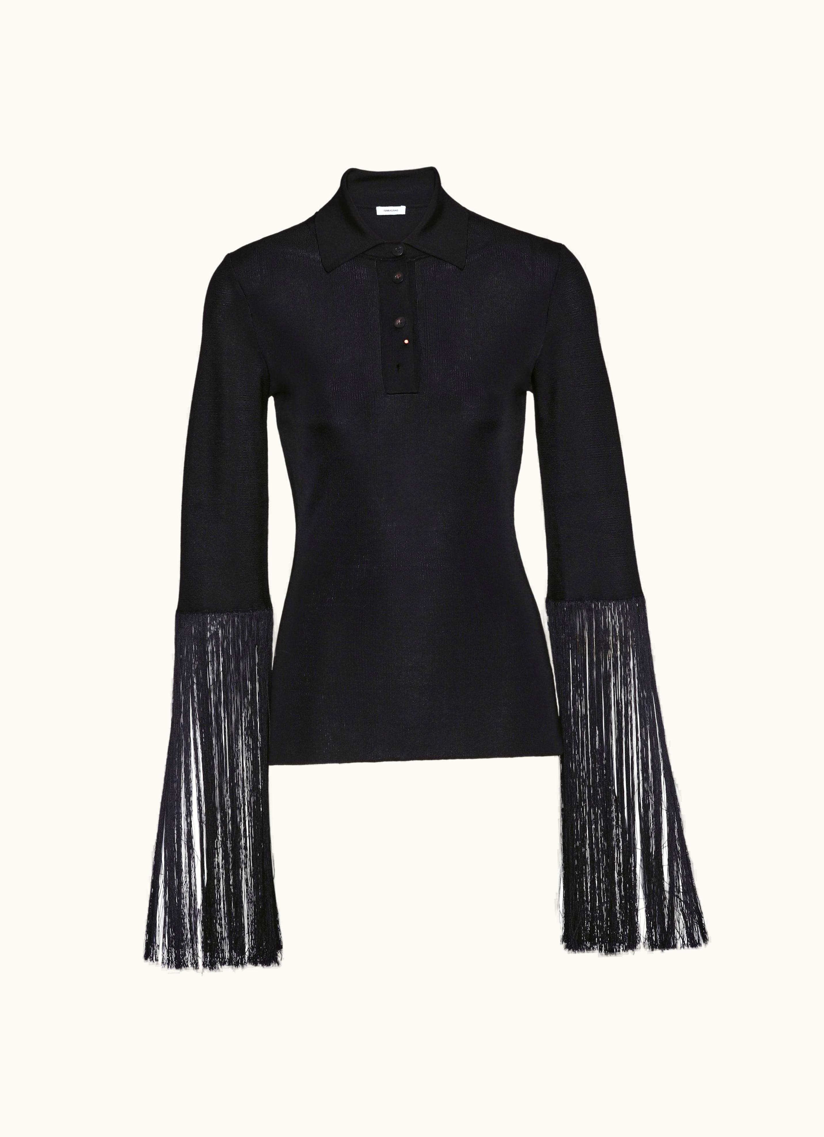 Ferragamo Ferragamo Long Sleeved Polo With Fringed Sleeve Black