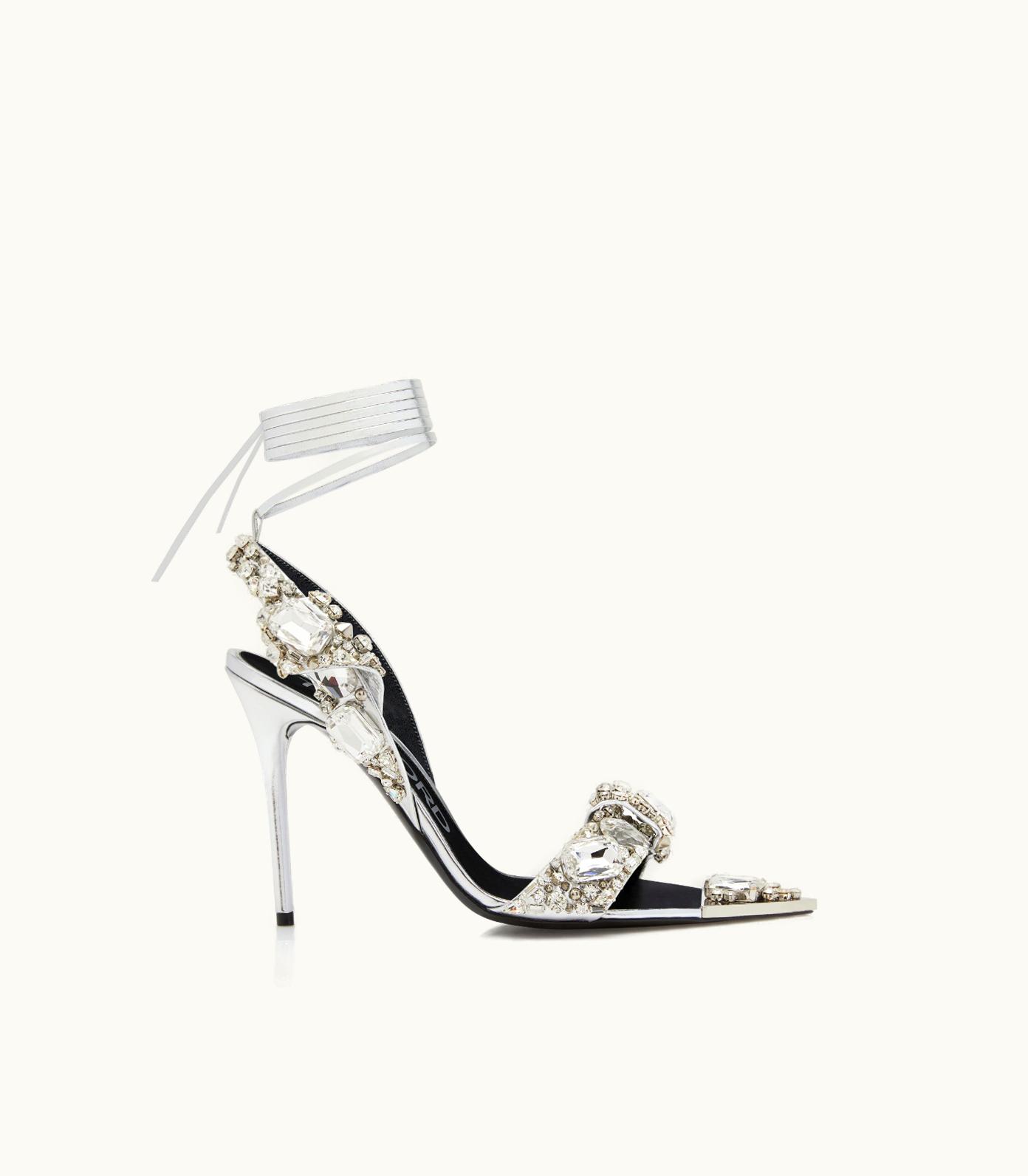 Tom Ford Tom Ford Crystal Stones Embroidered Mirror Leather Pointy Jewel Sandal Black