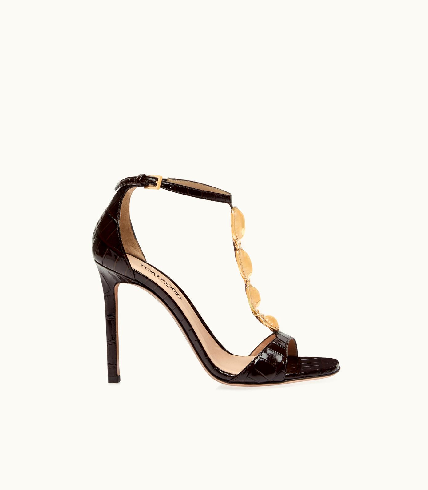 Tom Ford Tom Ford Glossy Stamped Crocodile Leather Titan T Strap Sandal