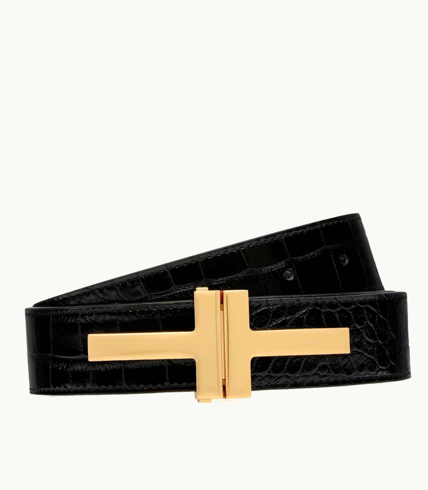 Tom Ford Tom Ford Shiny Stamped Crocodile Leather Double T Belt