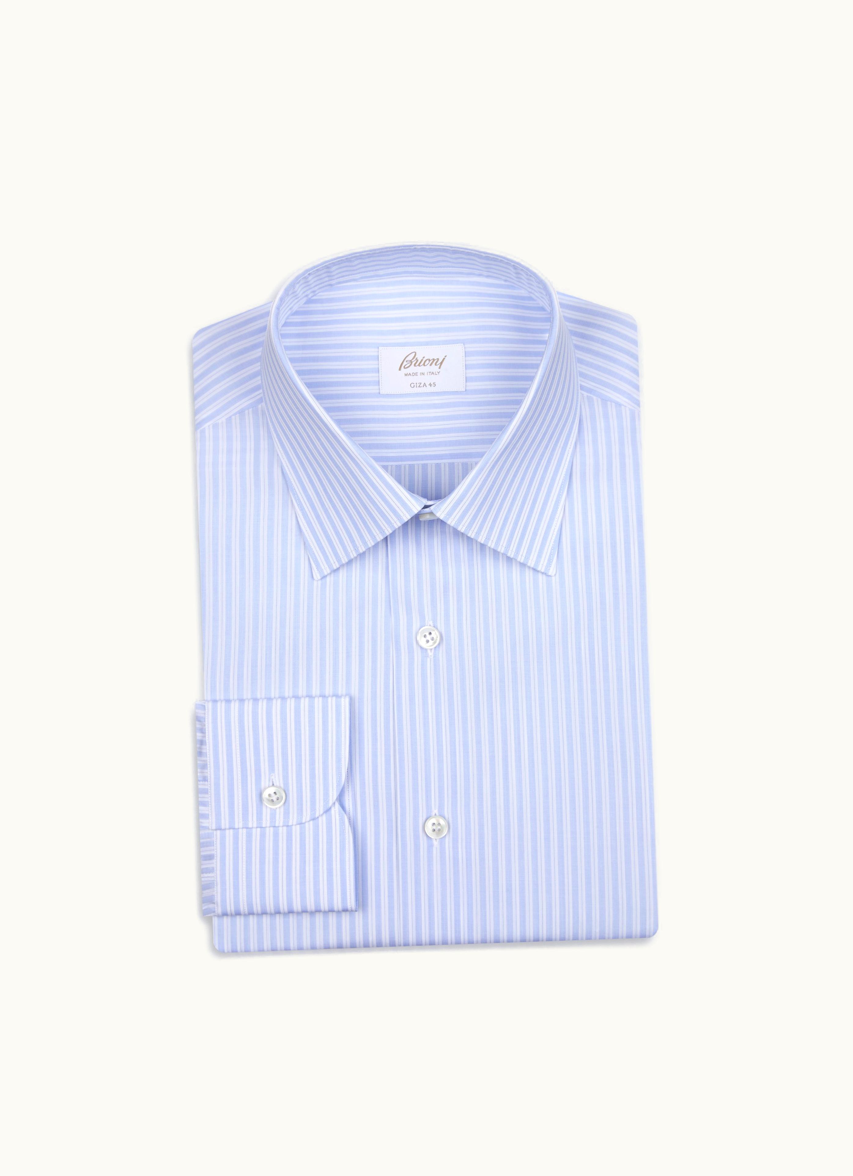 Brioni Brioni Sky Blue And Light Blue Striped Giza 45 Cotton Formal Shirt