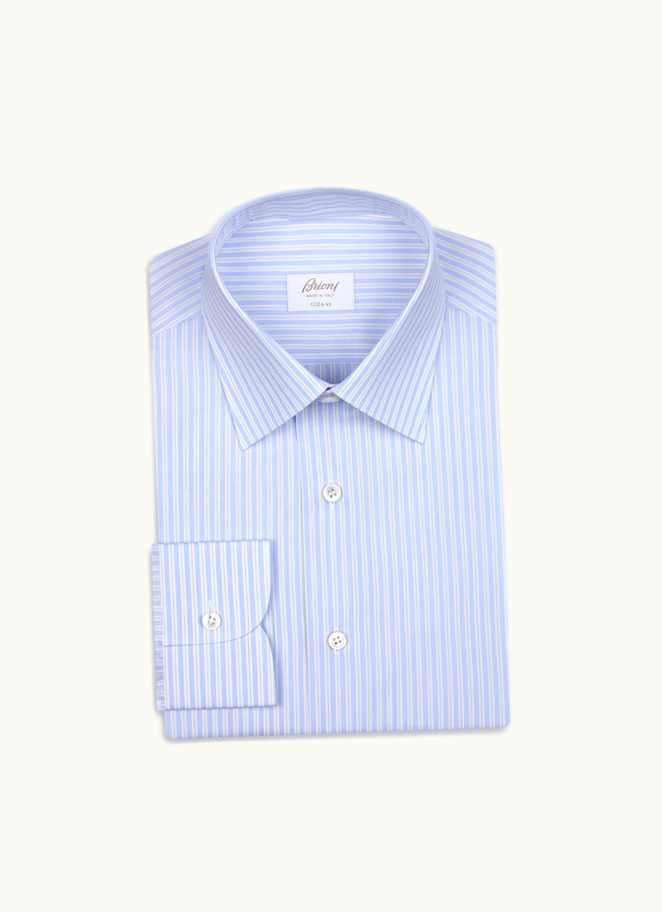 Brioni Brioni Sky Blue And Green Striped Giza 45 Cotton Formal Shirt