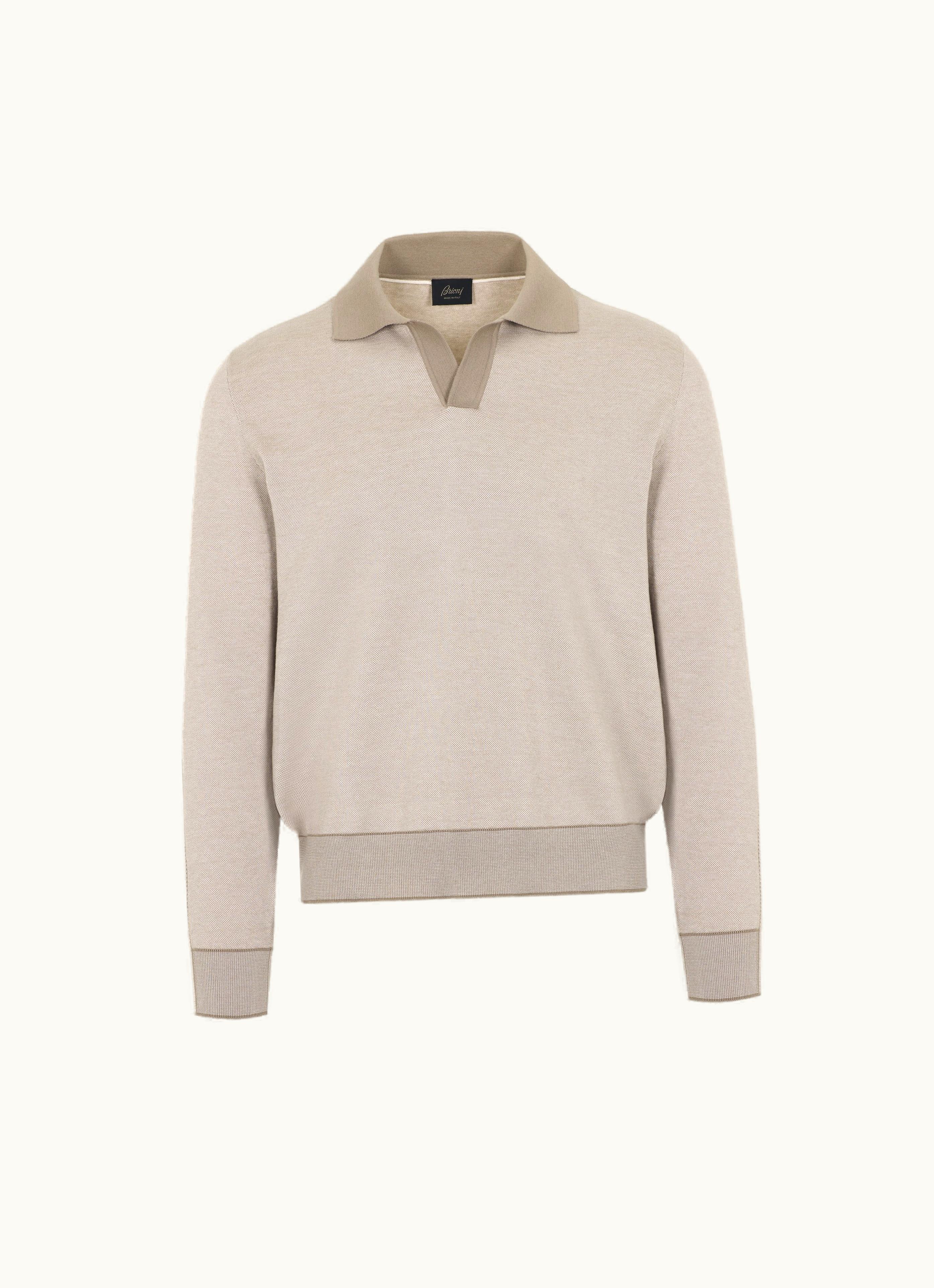 Brioni Brioni Beige Herringbone Cotton, Silk And Cashmere Polo Sweater