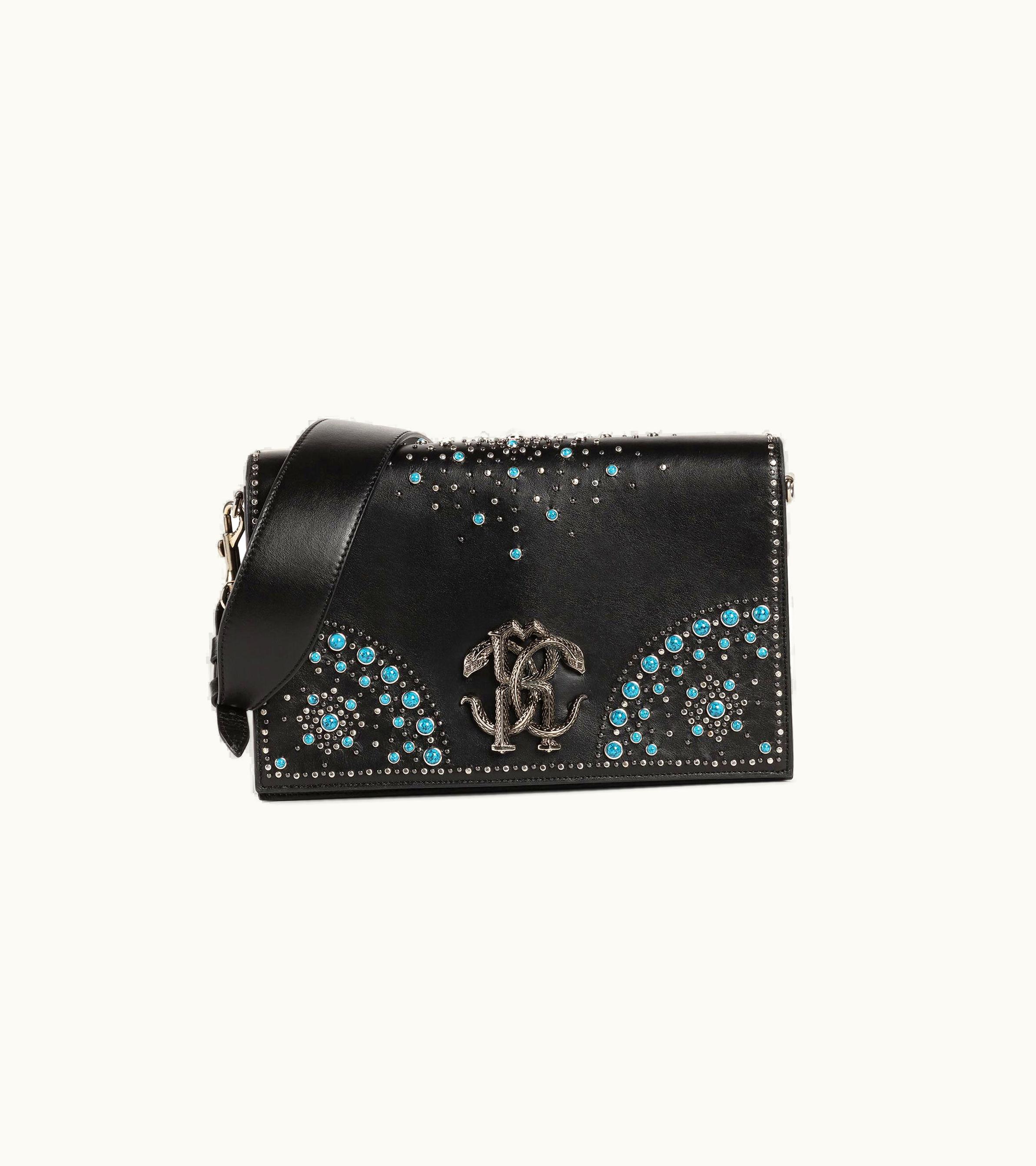 Roberto Cavalli Roberto Cavalli Mirror Snake Studded Shoulder Bag Black