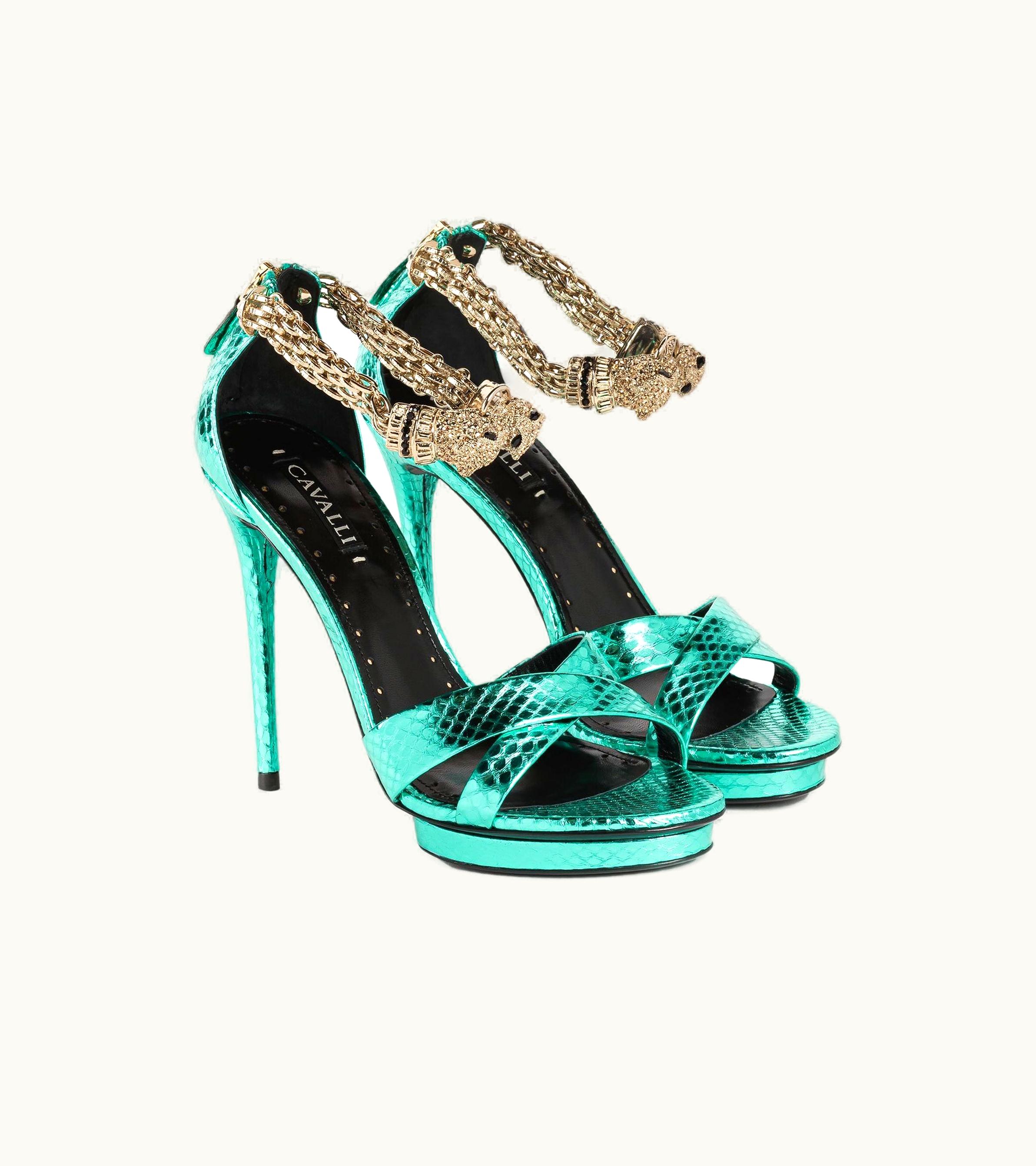 Roberto Cavalli Roberto Cavalli Crystal-Embellished Panther Head Sandals Light Blue