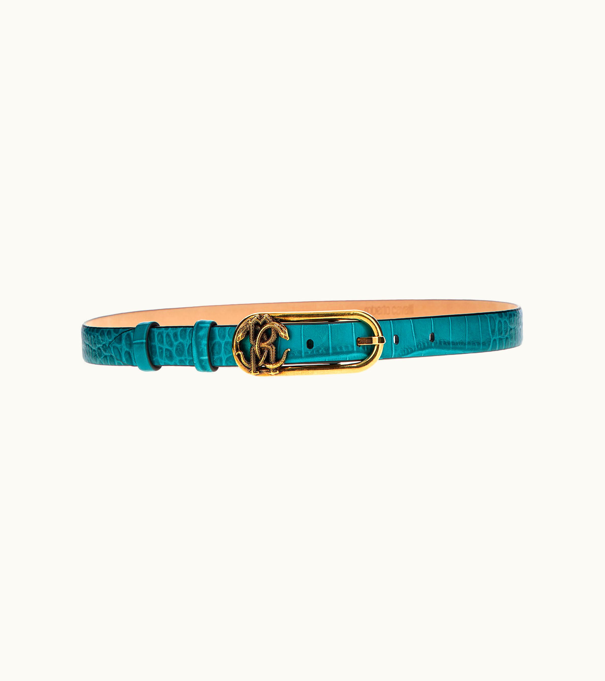 Roberto Cavalli Roberto Cavalli Leather Belt With Monogram Mirror Snake Light Blue