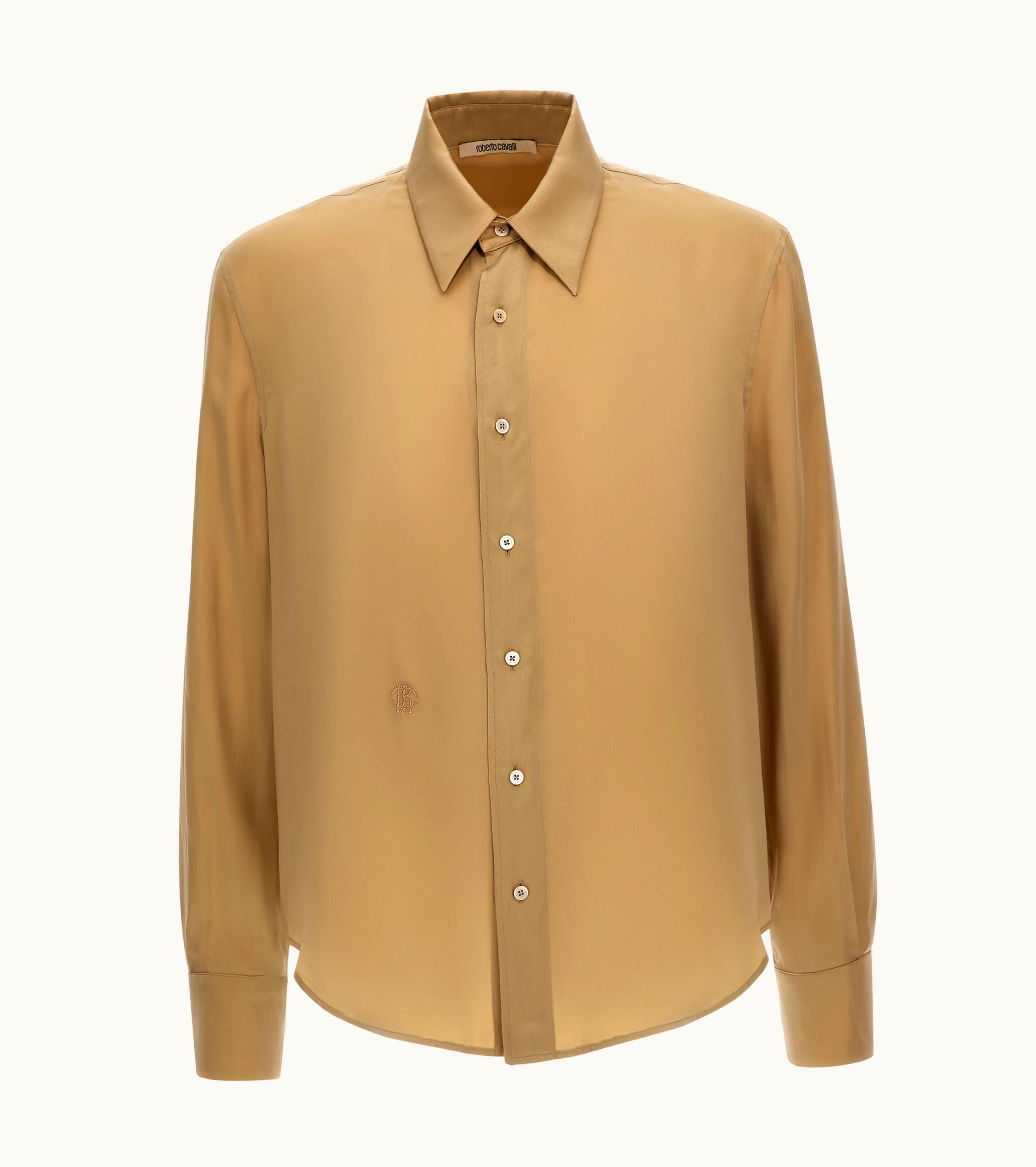 Roberto Cavalli Roberto Cavalli Creased Cupro Regular Fit Shirt Light Brown