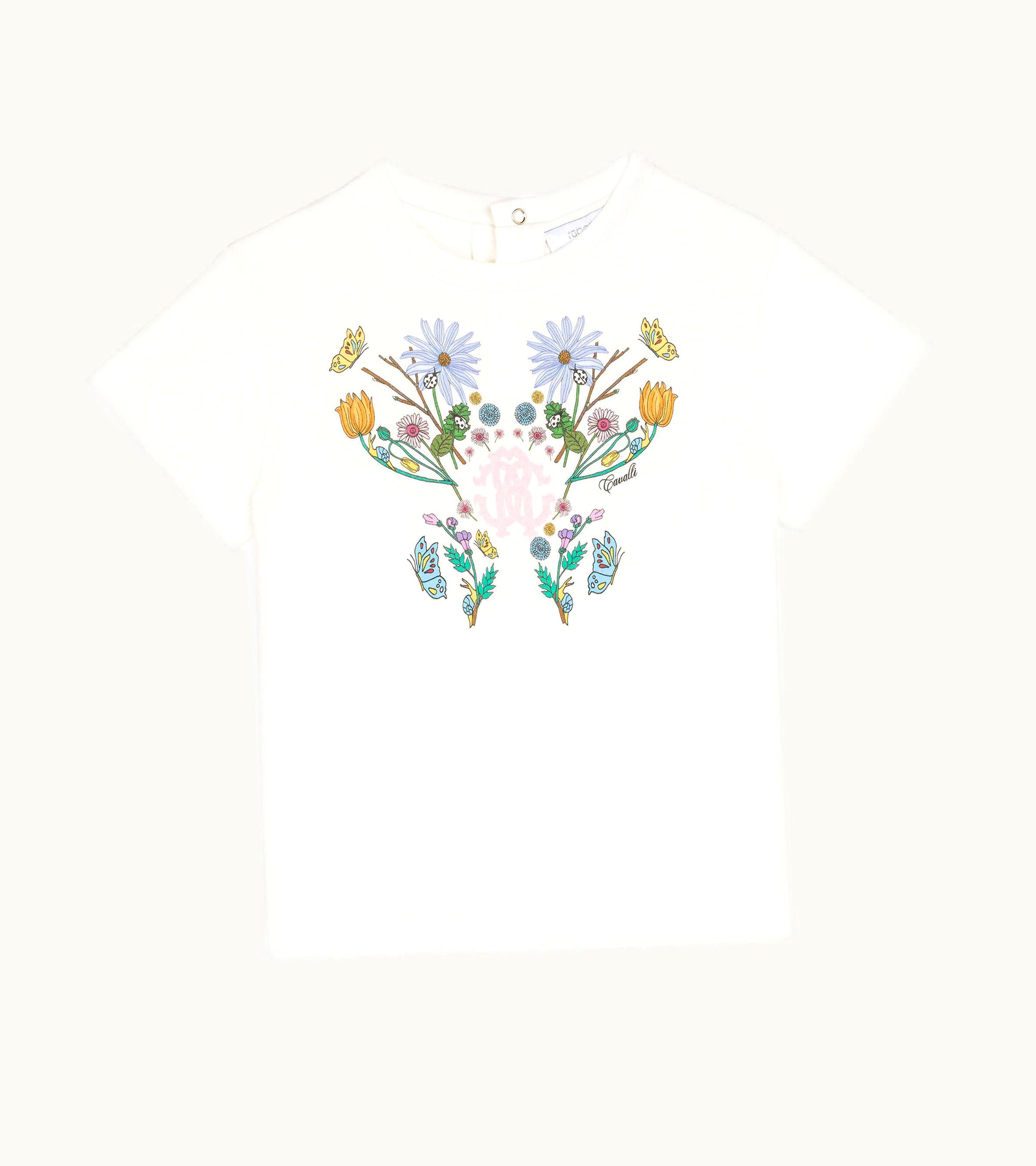 Roberto Cavalli Roberto Cavalli Flower And Rc Monogram-Print Cotton T-Shirt Milky White
