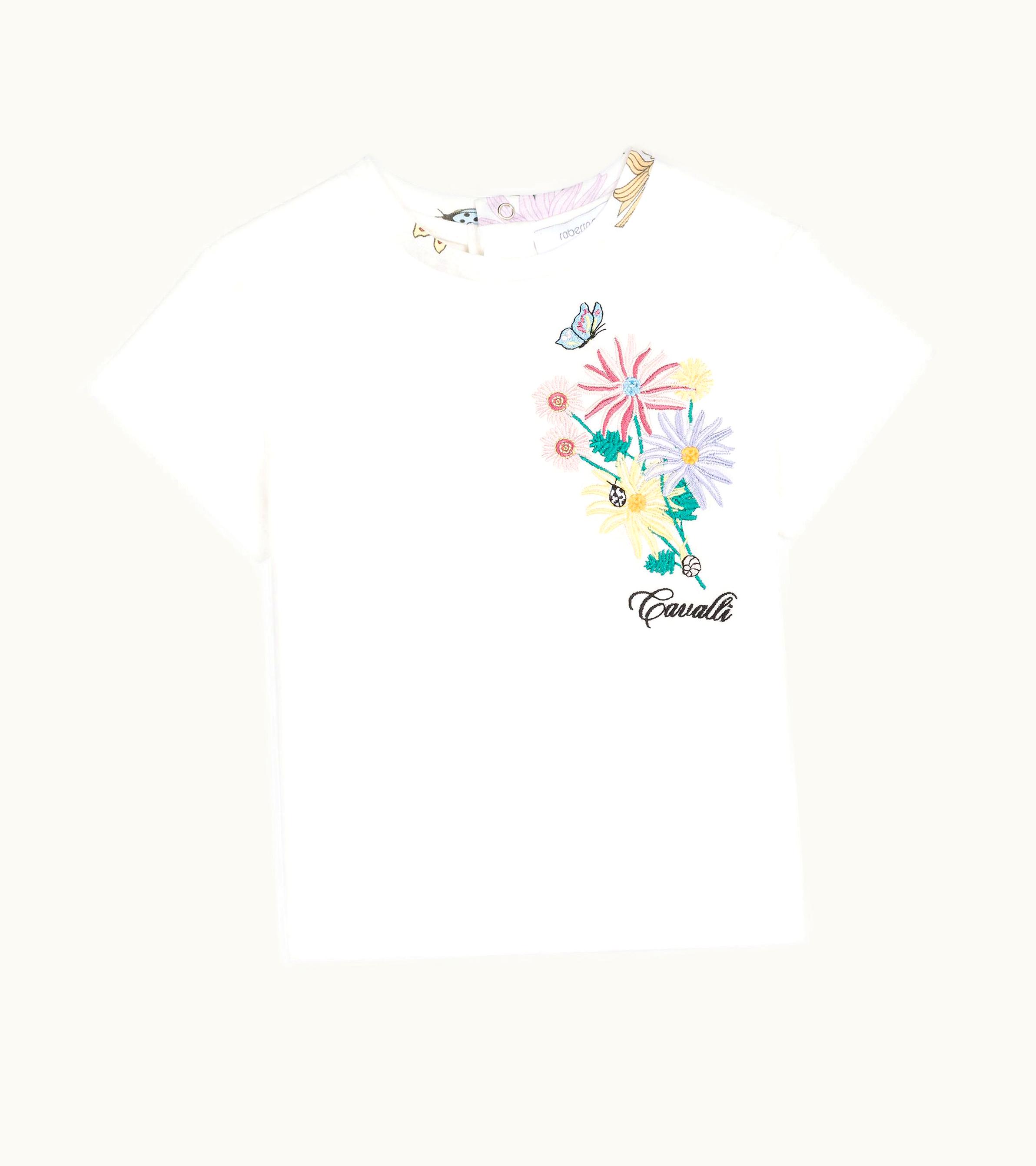 Roberto Cavalli Roberto Cavalli Floral-Embroidered Cotton T-Shirt Milky White: Roberto Cavalli Floral-Embroidered Cotton T-Shirt Milky White