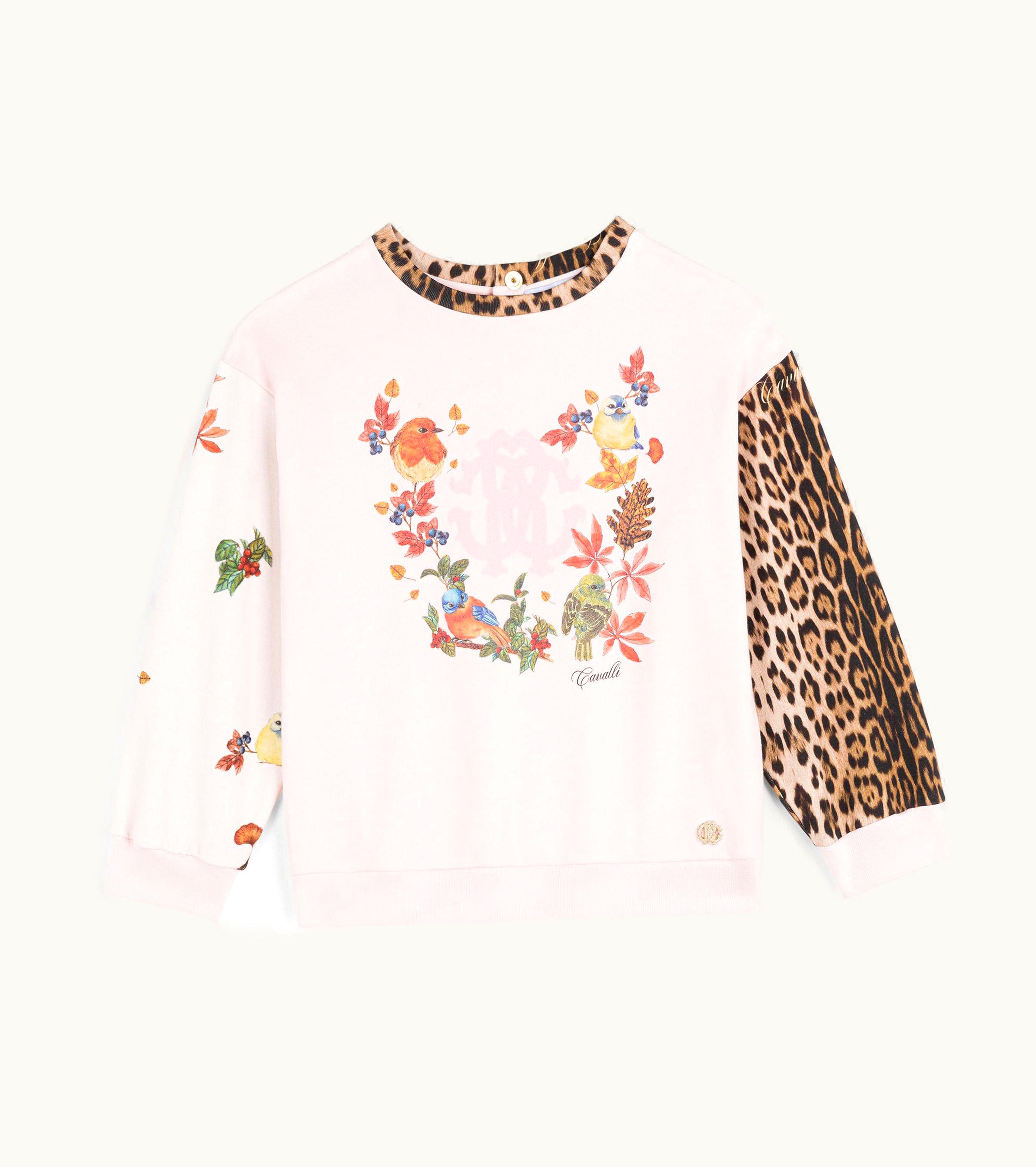 Roberto Cavalli Roberto Cavalli Bird And Leopard-Print Cotton Sweatshirt Baby Pink - Luxury Baby Pink Cotton Sweatshirt