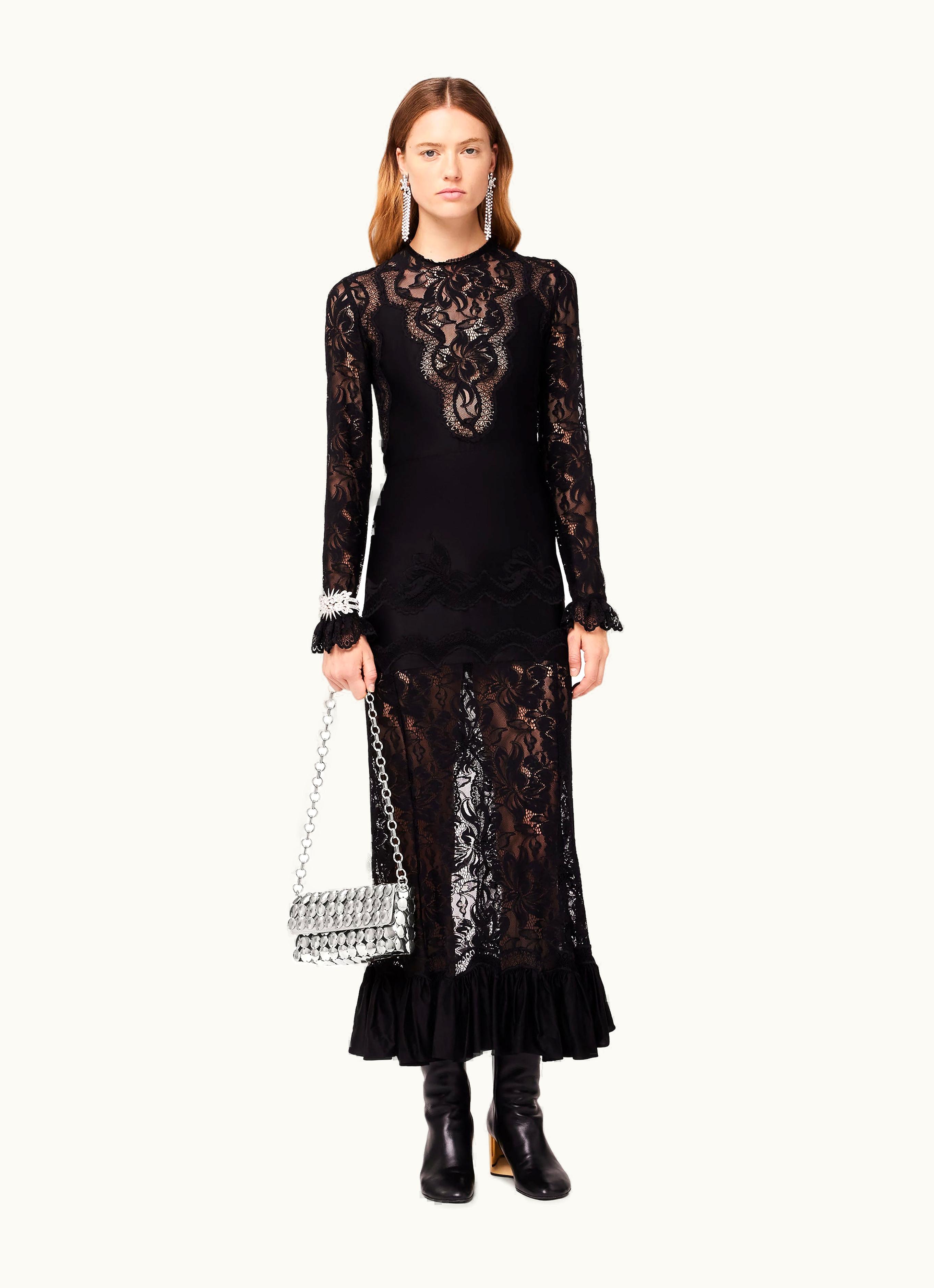 Rabanne Rabanne Long Satin Black Dress In Lace