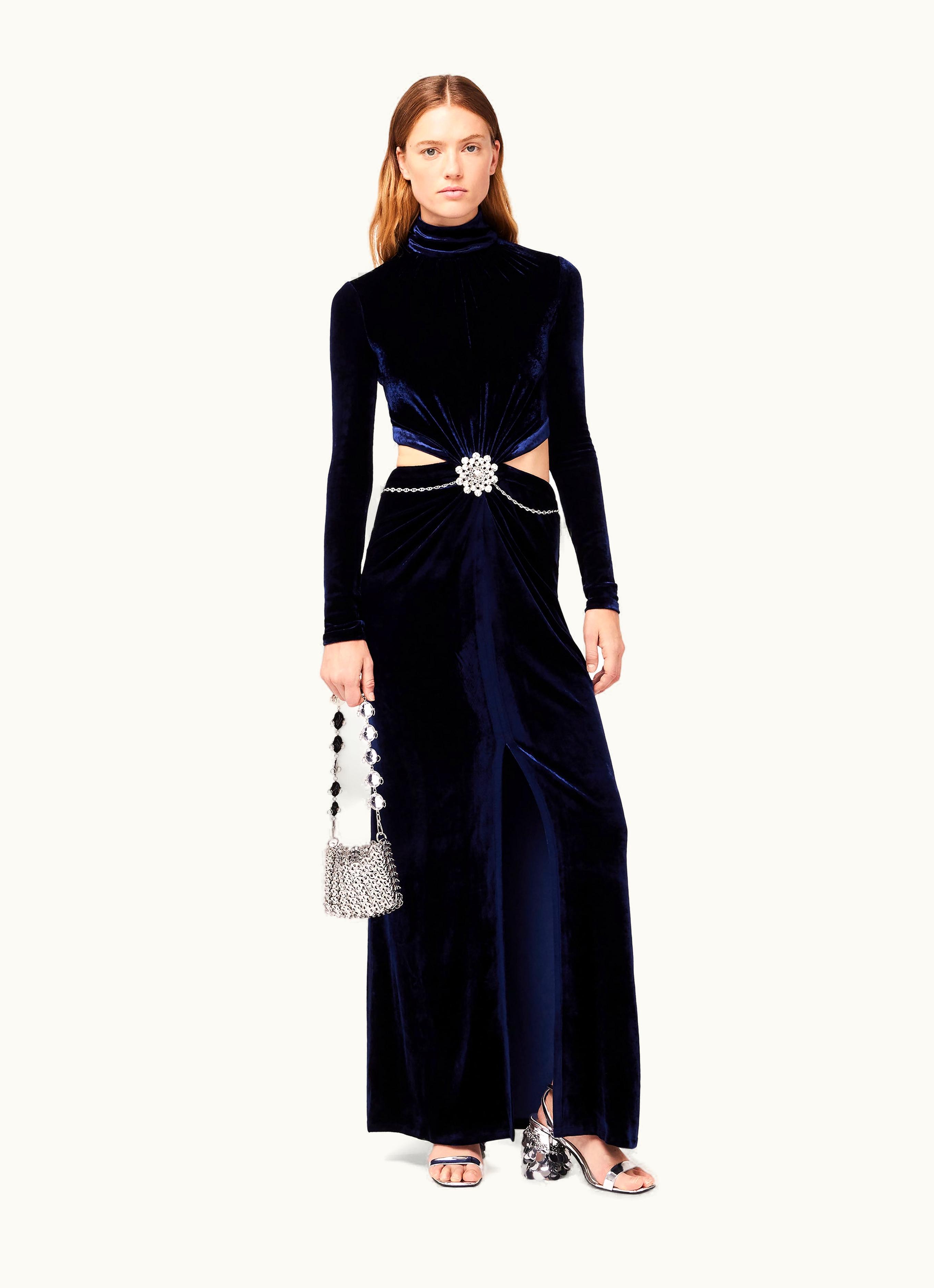 Rabanne Rabanne Long Blue Velvet Dress With Jewelled Belt