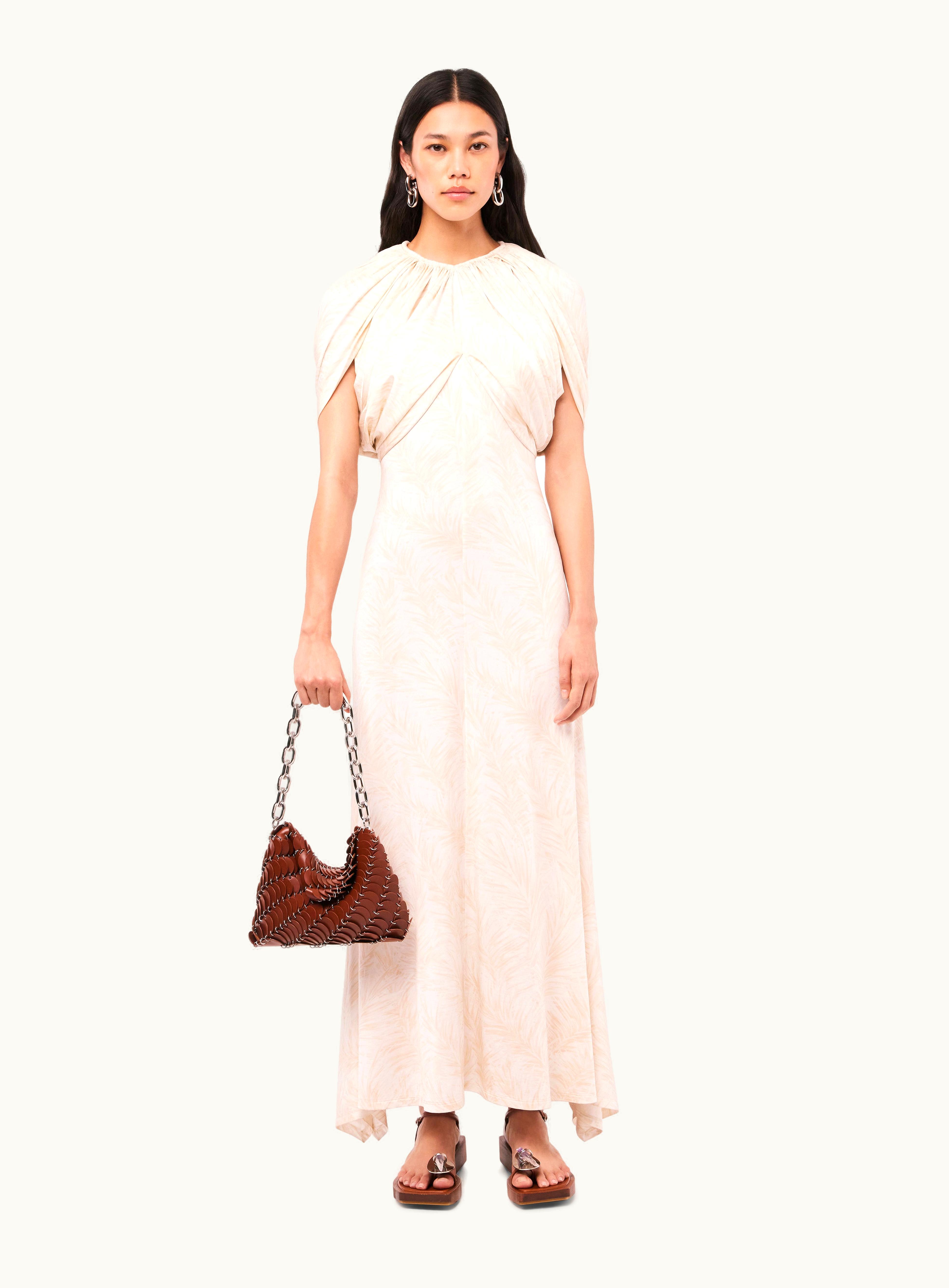 Rabanne Rabanne Long Ecru Dress With Feather Prints And Draping Details