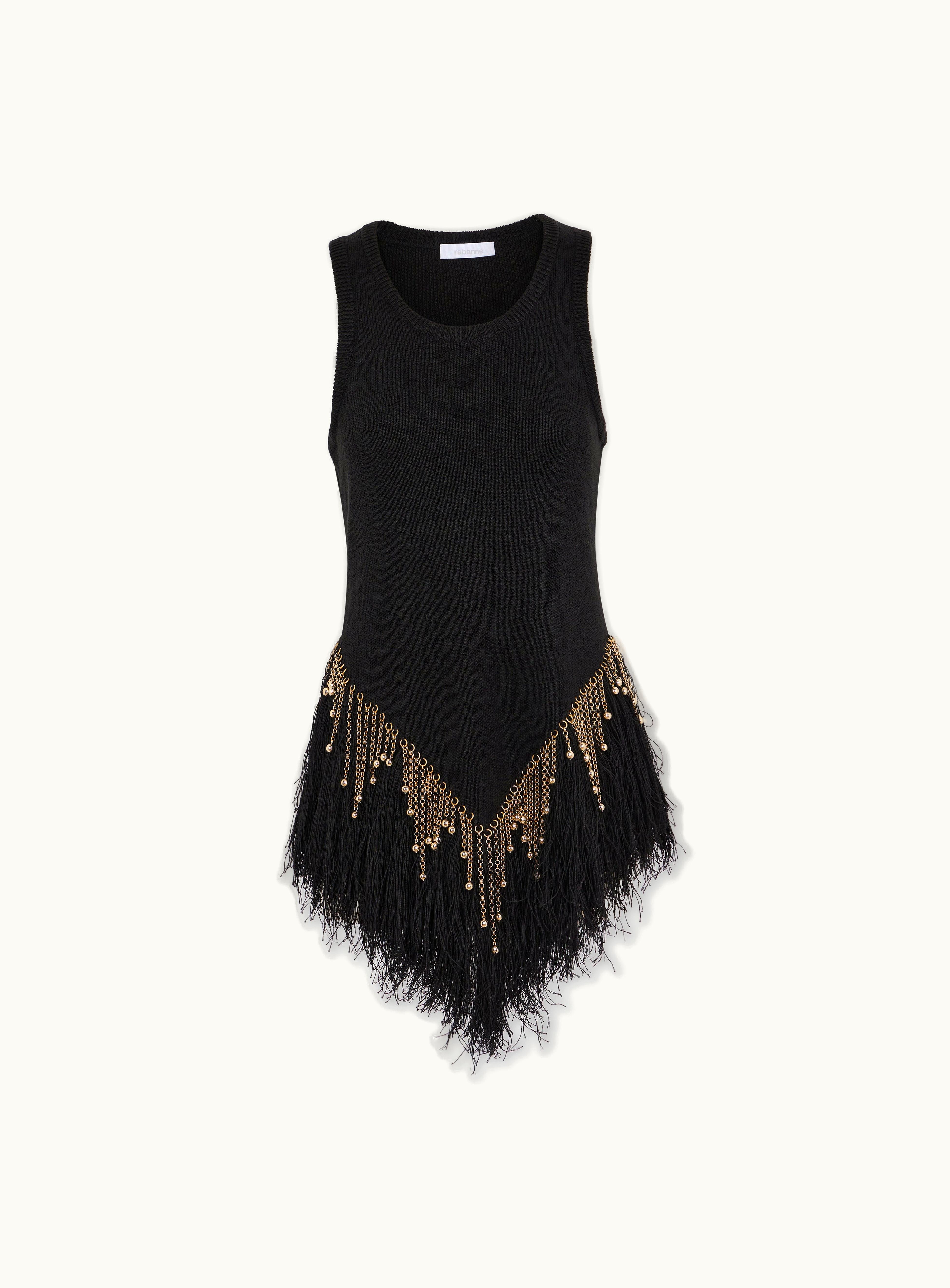 Rabanne Rabanne Black Woven Top With Knitted Beads And Feathers